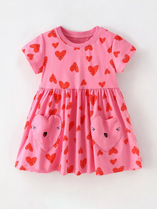 Children's Heart Print Pocket Detail Casual Dress