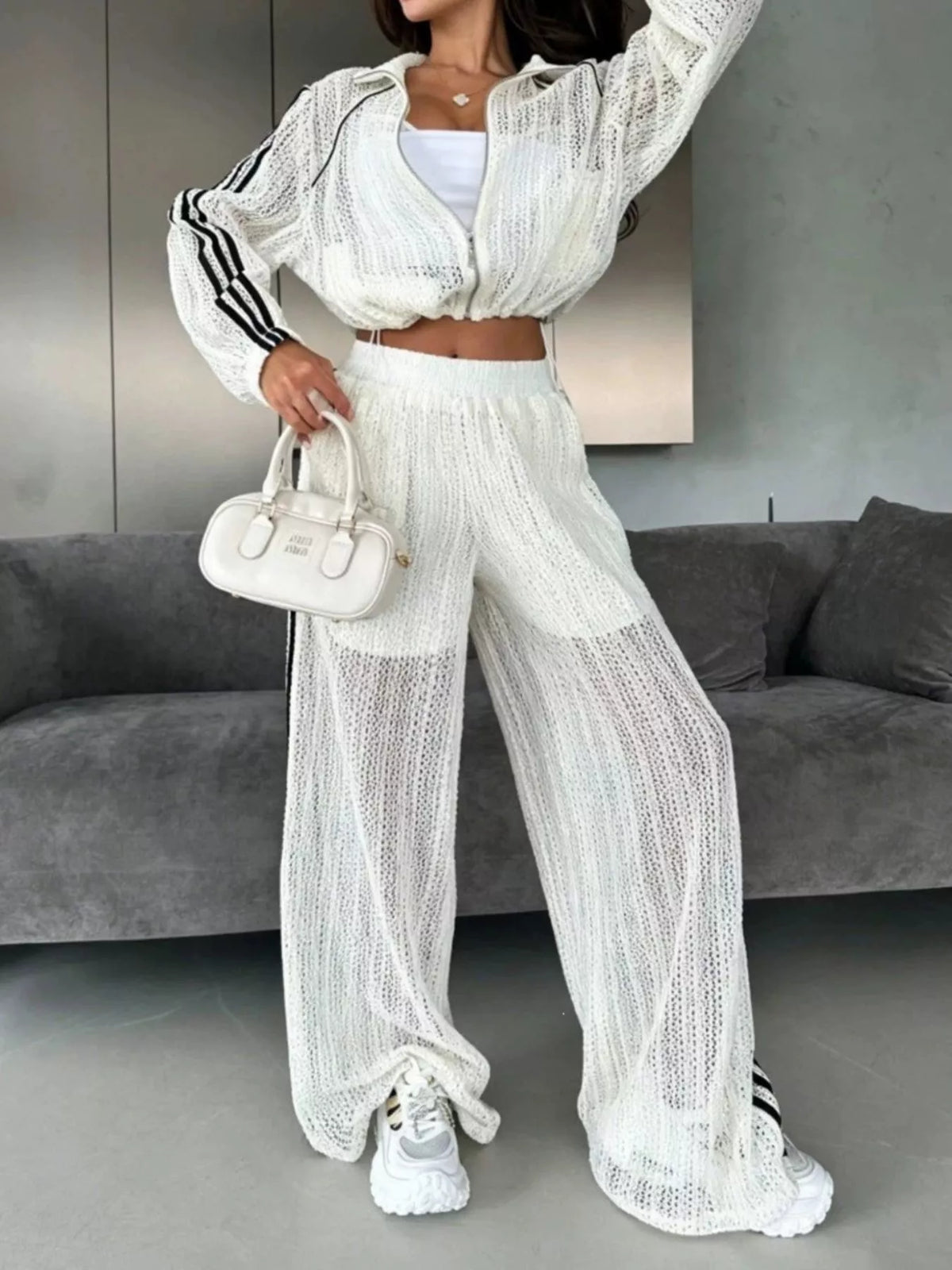 Side Stripes Zip Up Top and Pants Set