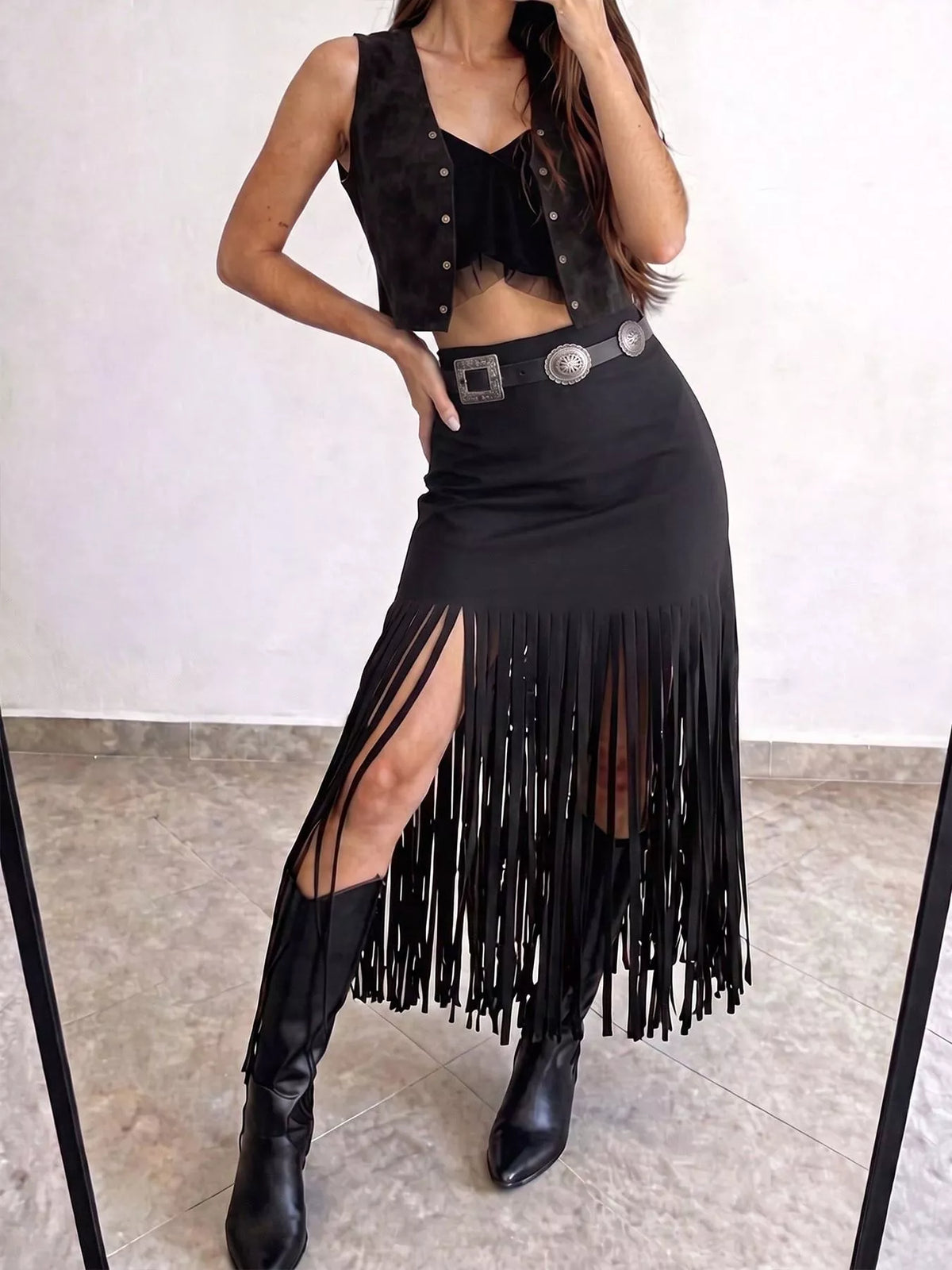 High-Waisted Fringe Midi Skirt