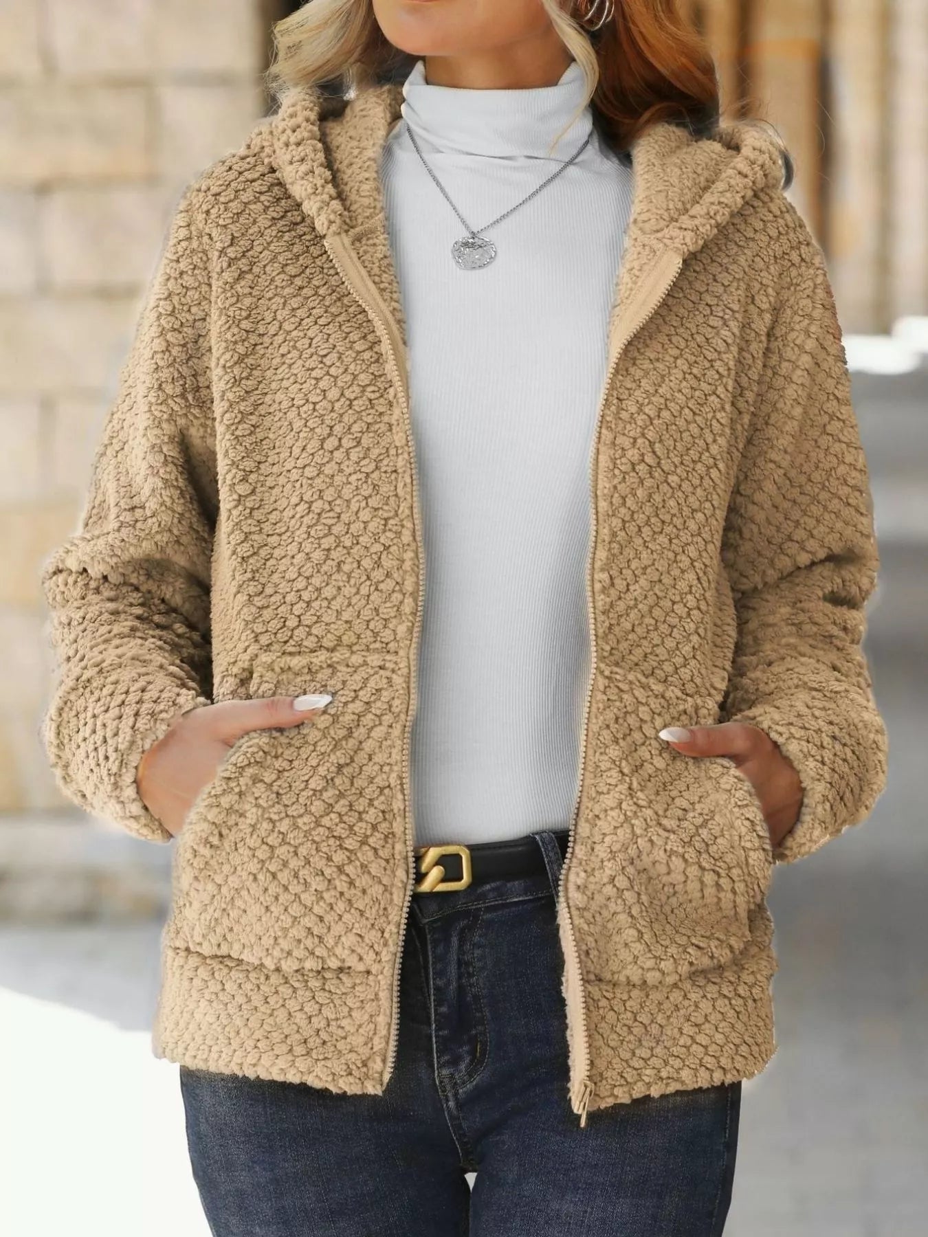 Textured Knit Zip-Up Hooded Outerwear