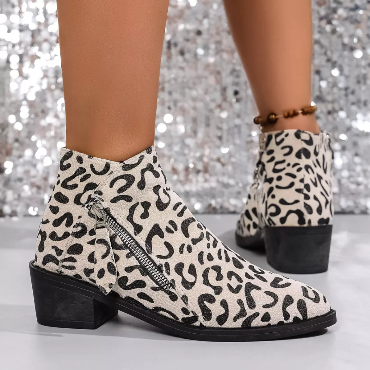 Leopard Block Heel Ankle Boots