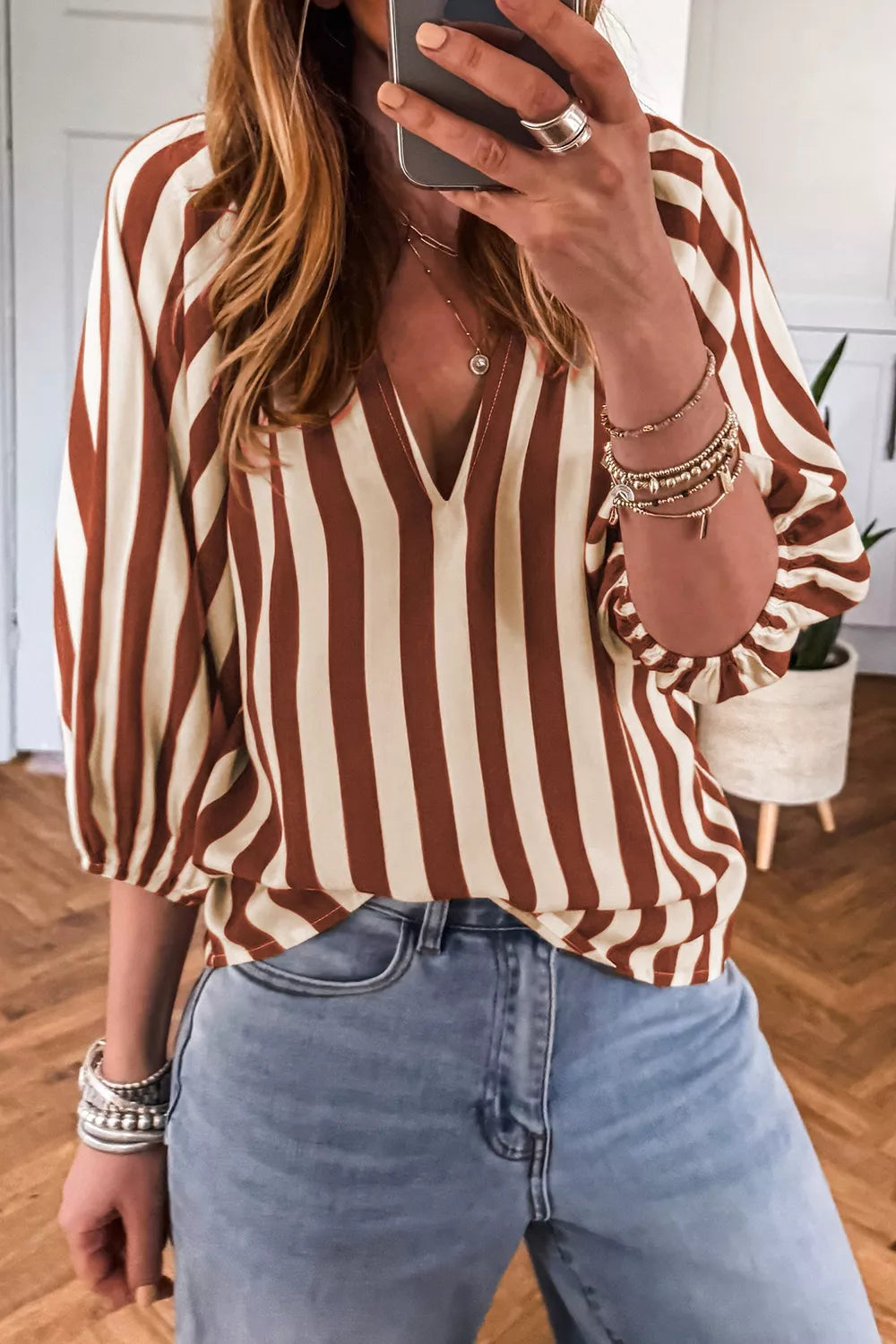Striped Notched Half Sleeve Casual Blouse