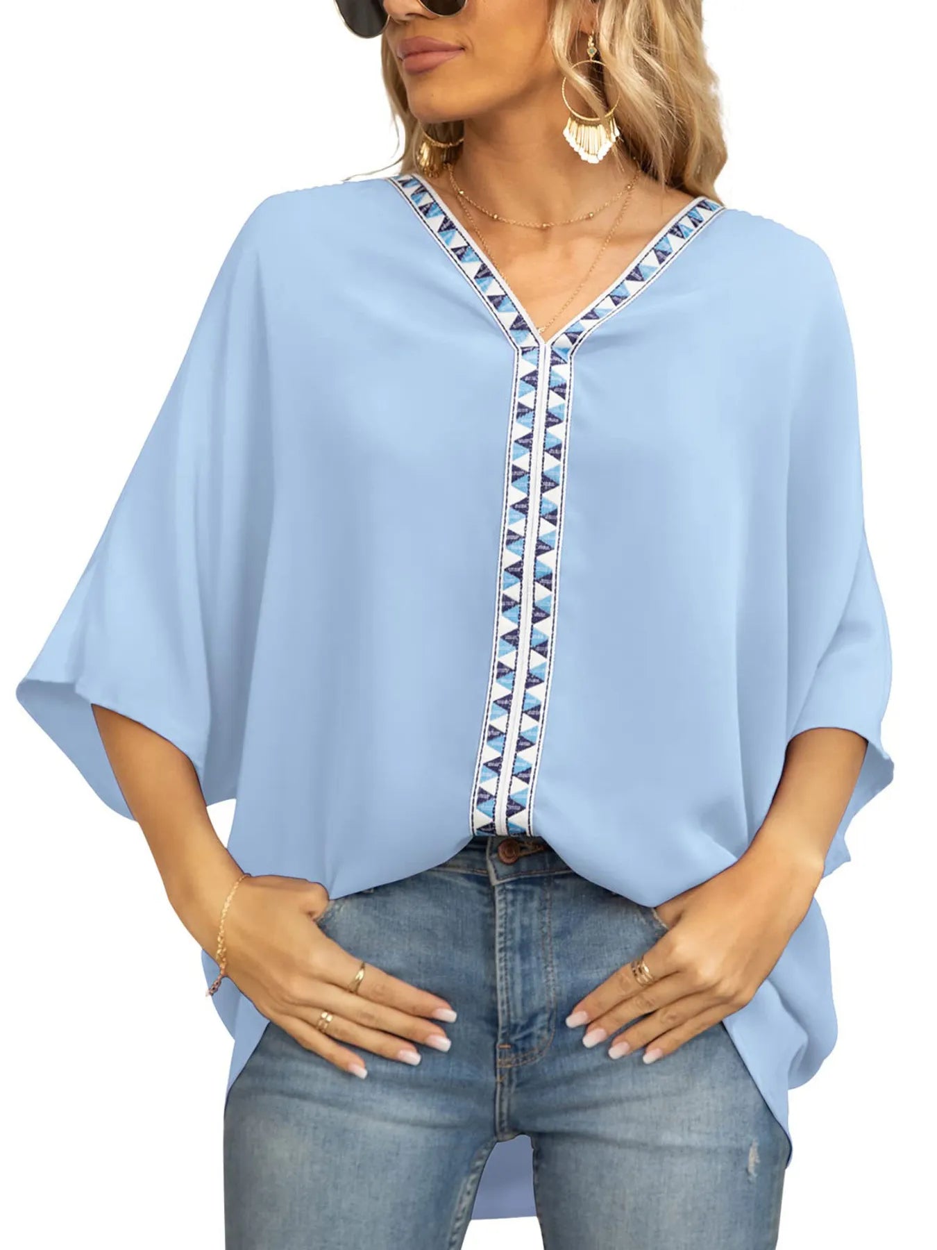 Oversized Contrast V-Neck Half Sleeve Blouse