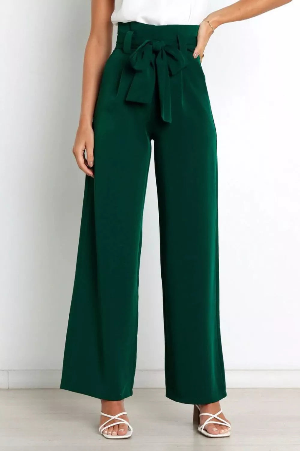 High Waist Tie Front Wide Leg Pants