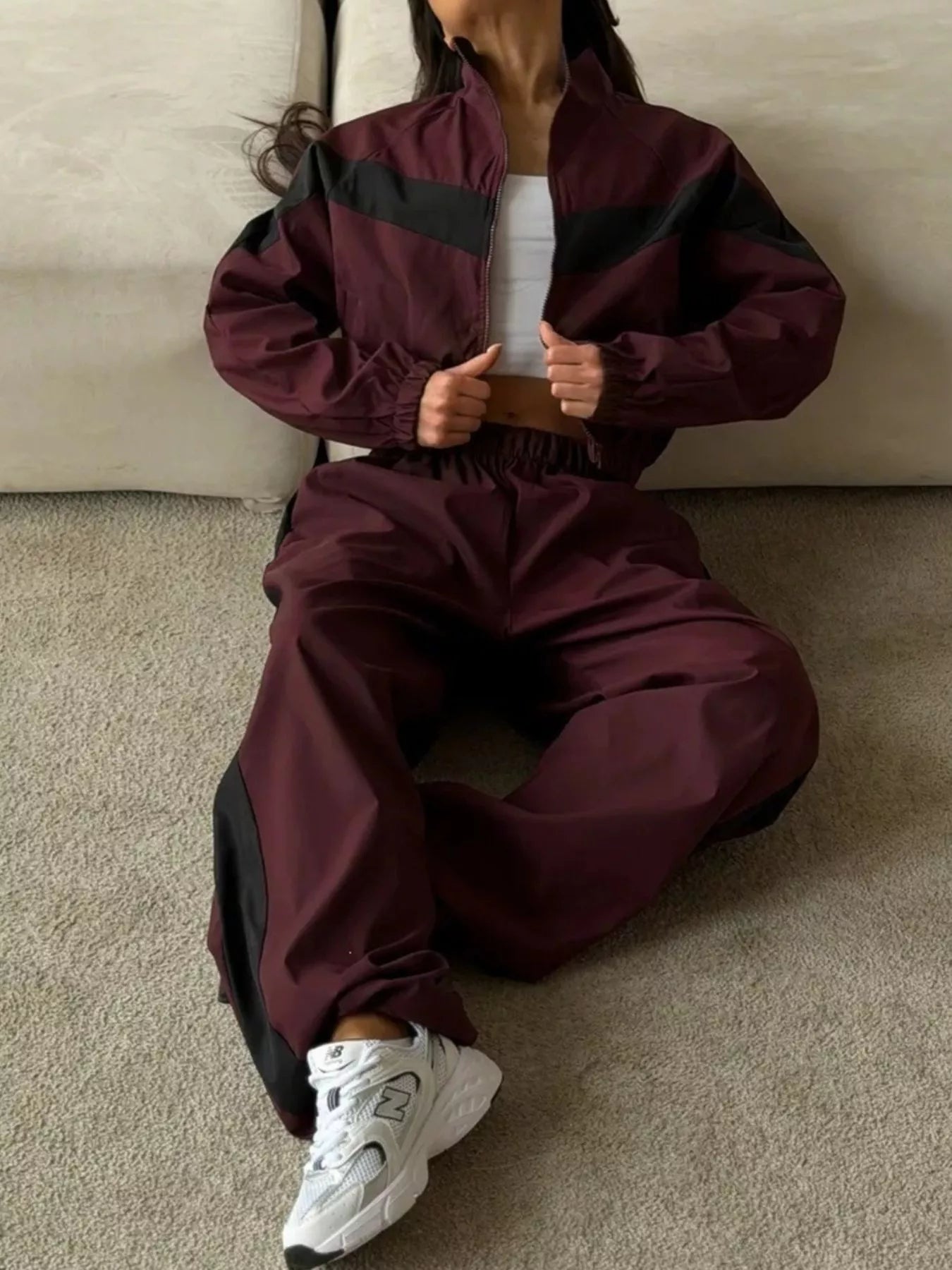 Color Block Zip Up Outerwear and Pants Set
