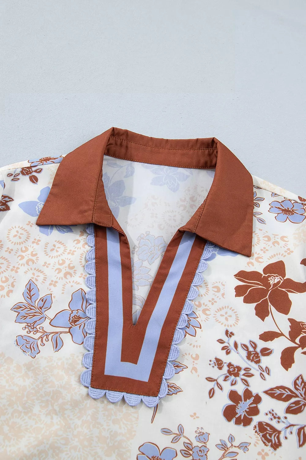 Floral Print Colorblock V Neck Long Sleeve Blouse
