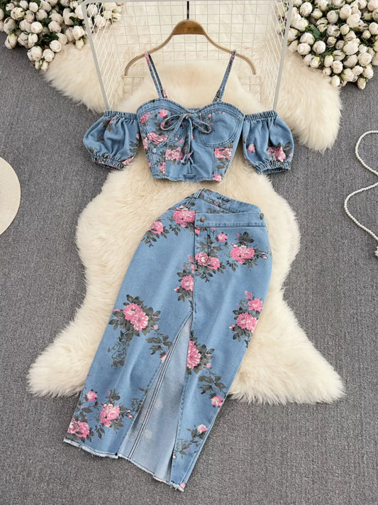 Floral Print Sweetheart Neck Cami and Skirt Denim Set