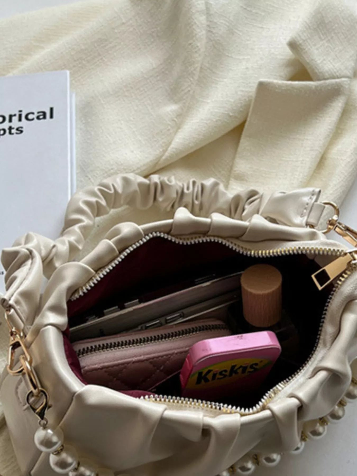 Ruched Shoulder Bag with Pearl Embellishment