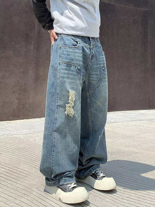 Men's Full Size Distressed Wide Leg Jeans Plus Size