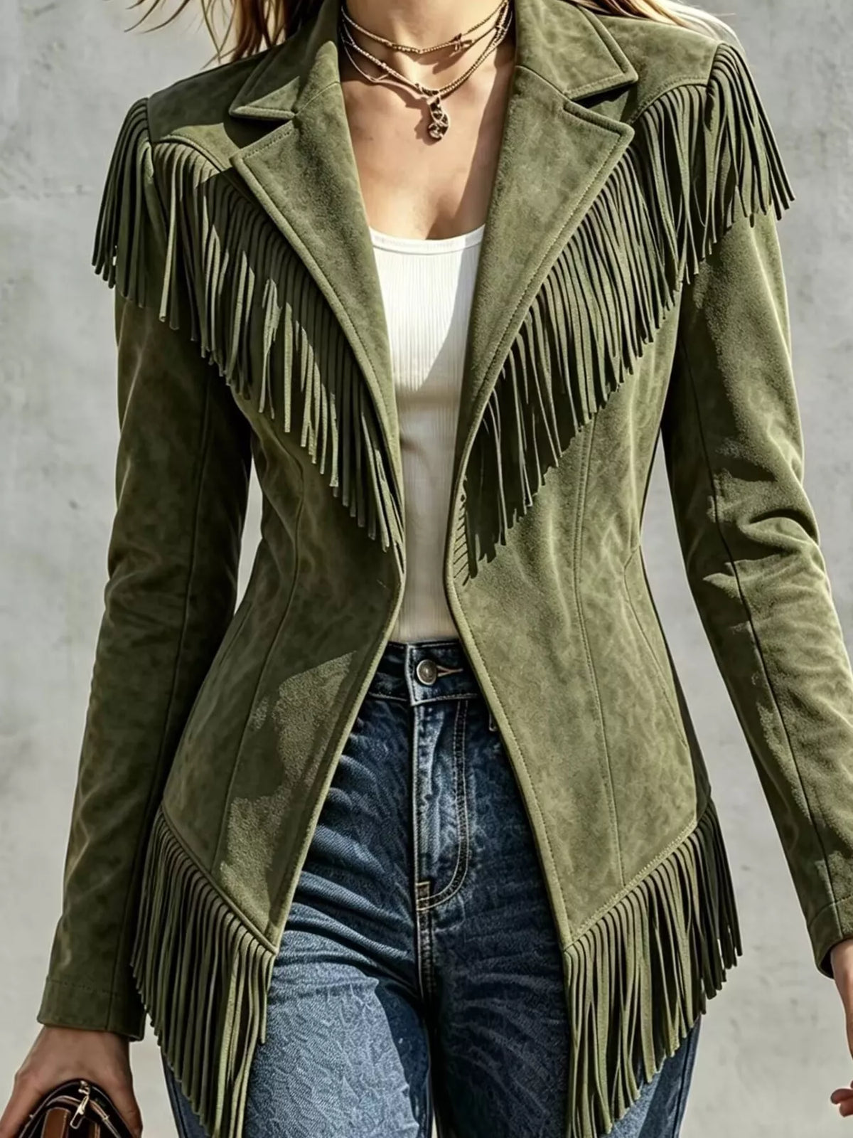 Western-Inspired Fringed Open Front Jacket