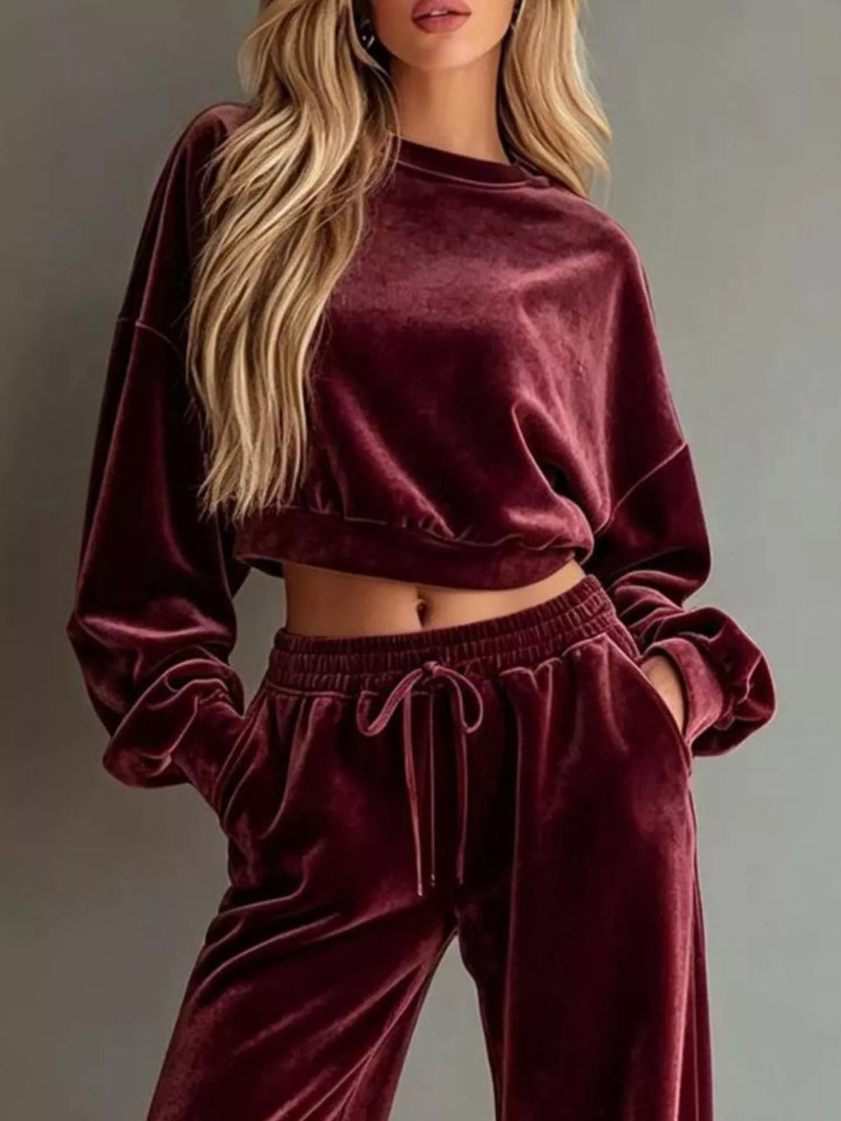 Full Size Cropped Sweatshirt and Wide-Leg Pants Set Plus Size