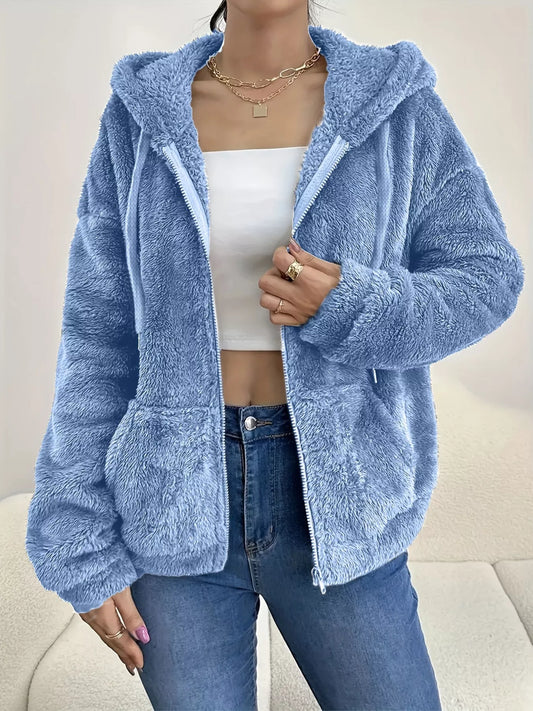 Drawstring Fleece Zip-Up Outerwear