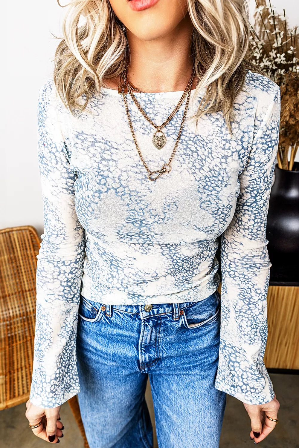 Long Sleeve Leopard Print Round Neck Sheath Top