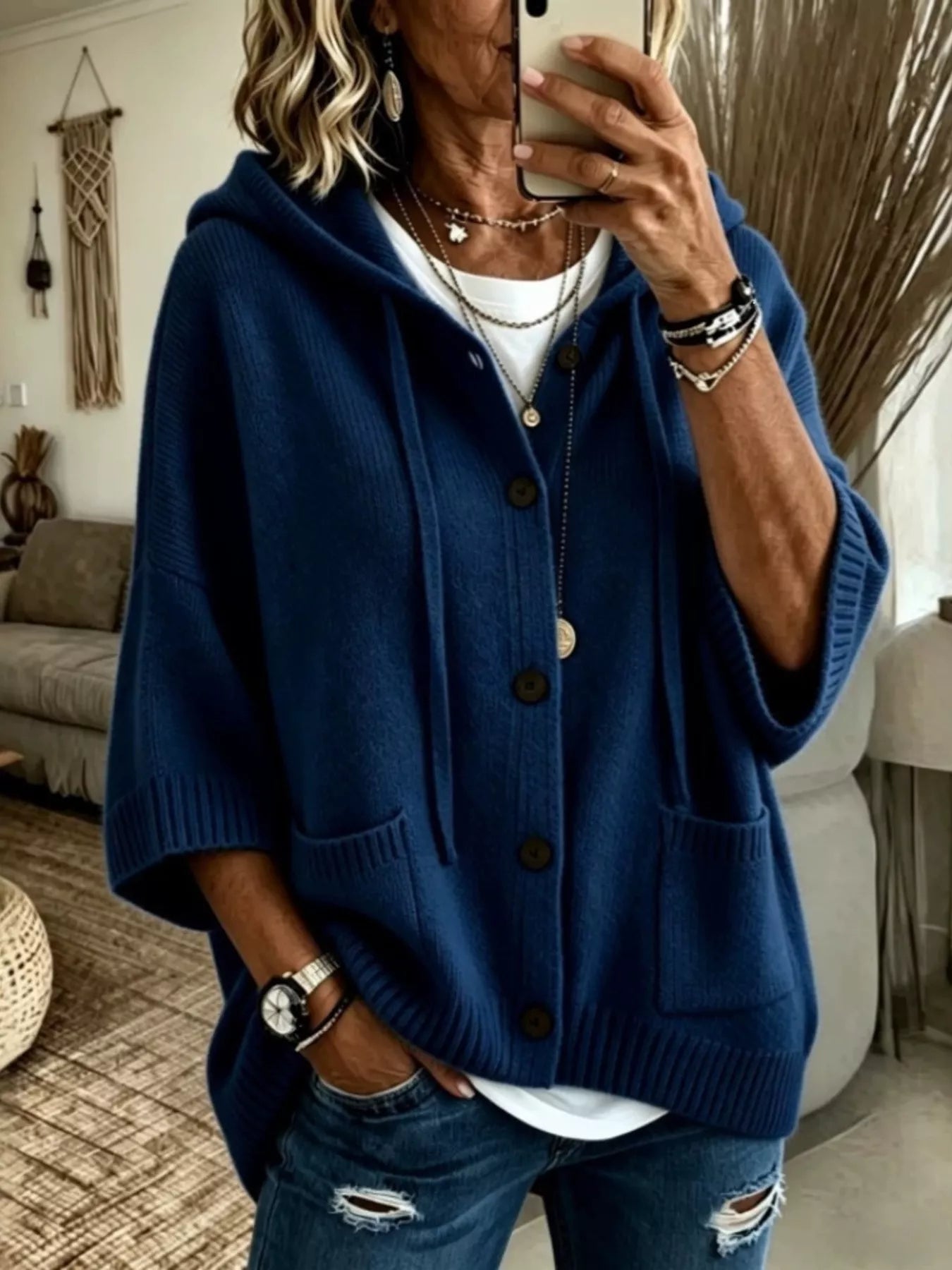 Hooded Button-Down Knit Cardigan