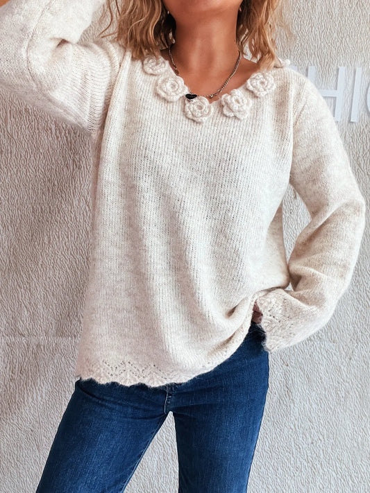 Flower V-Neck Long Sleeve Sweater