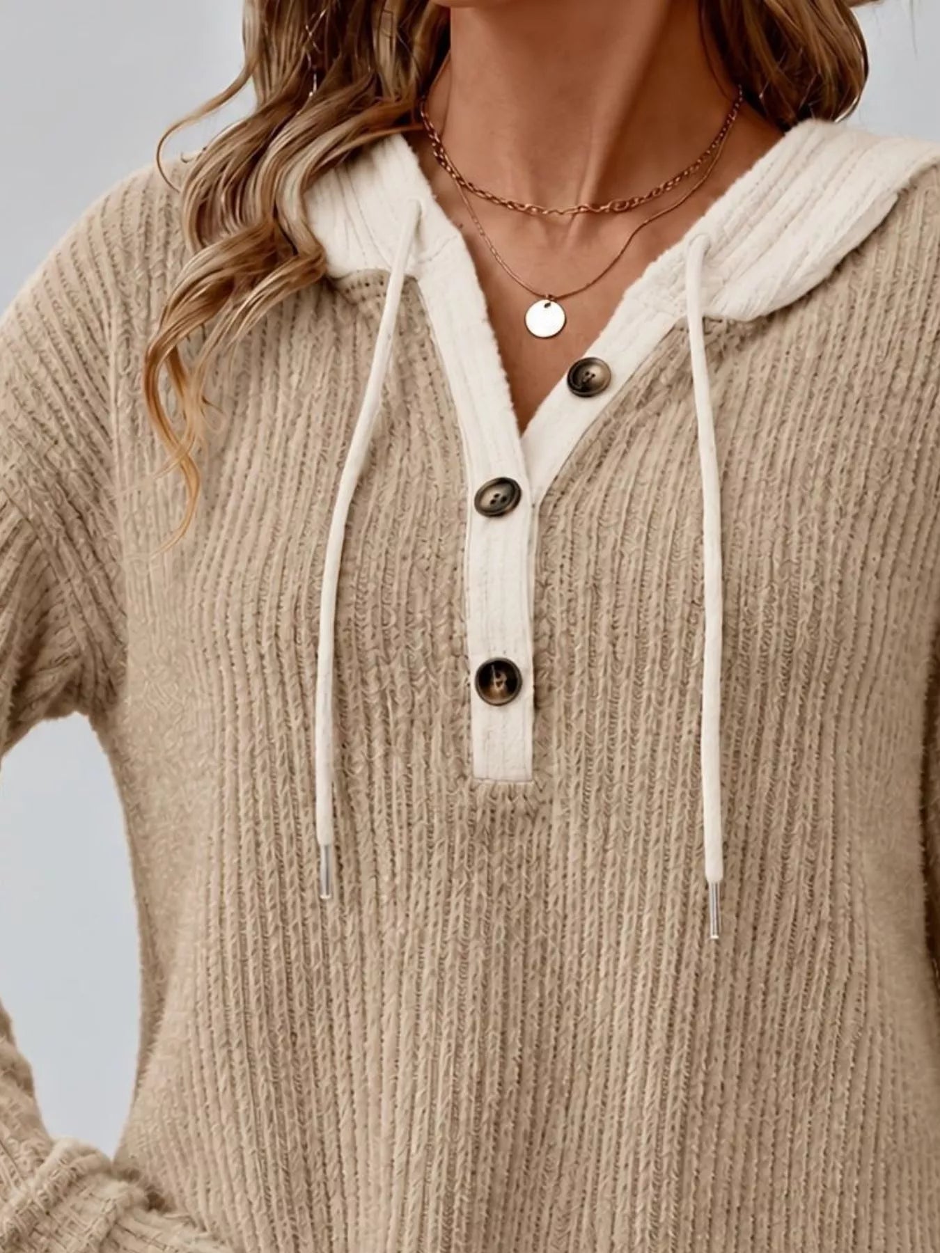 Full Size Drawstring Button Detail Hooded Sweater Plus Size