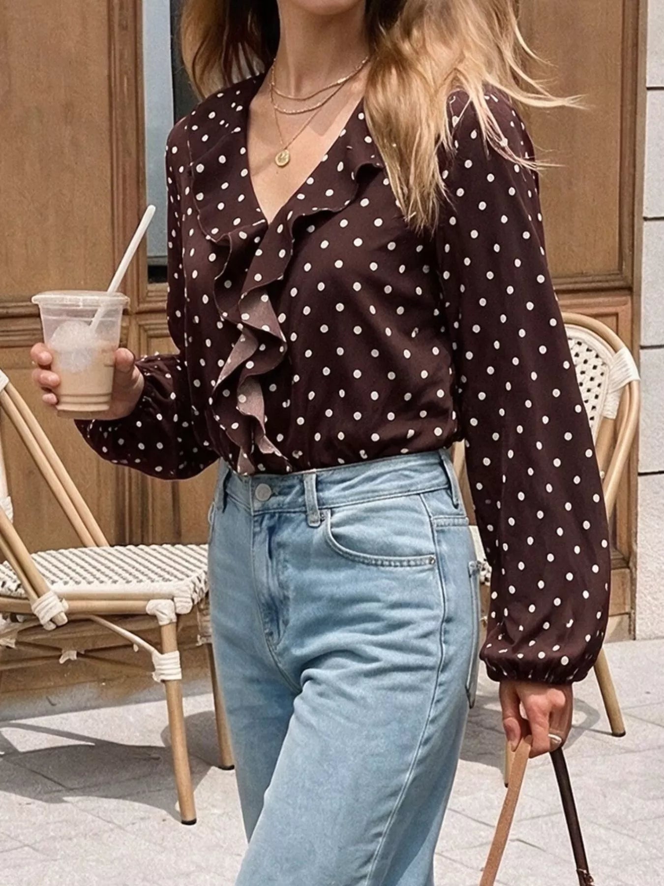 Polka Dot Ruffled V-Neck Bodysuit