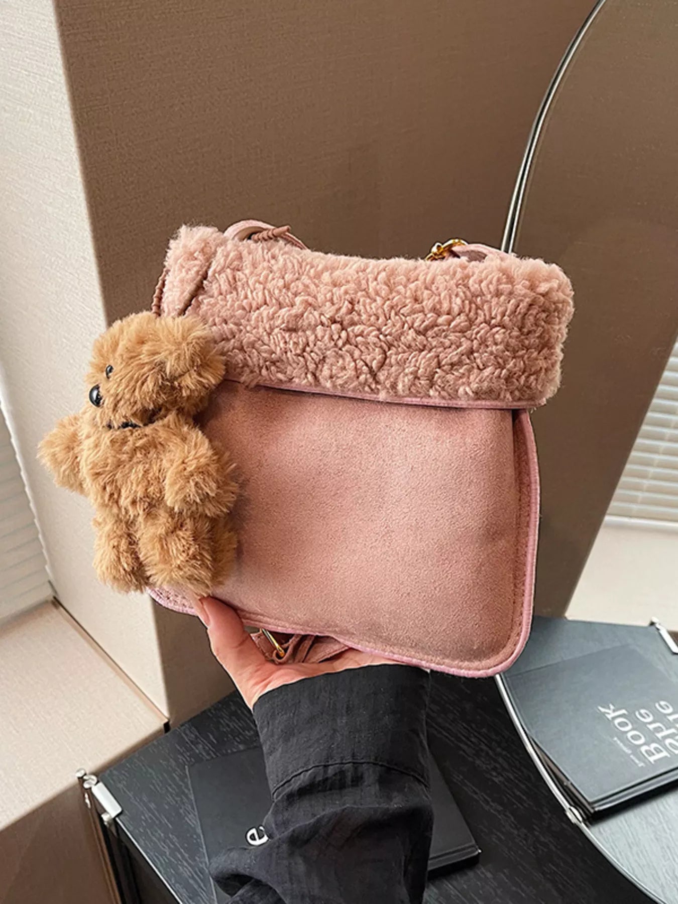 Teddy Bear Charm Plush Trim Crossbody Bag