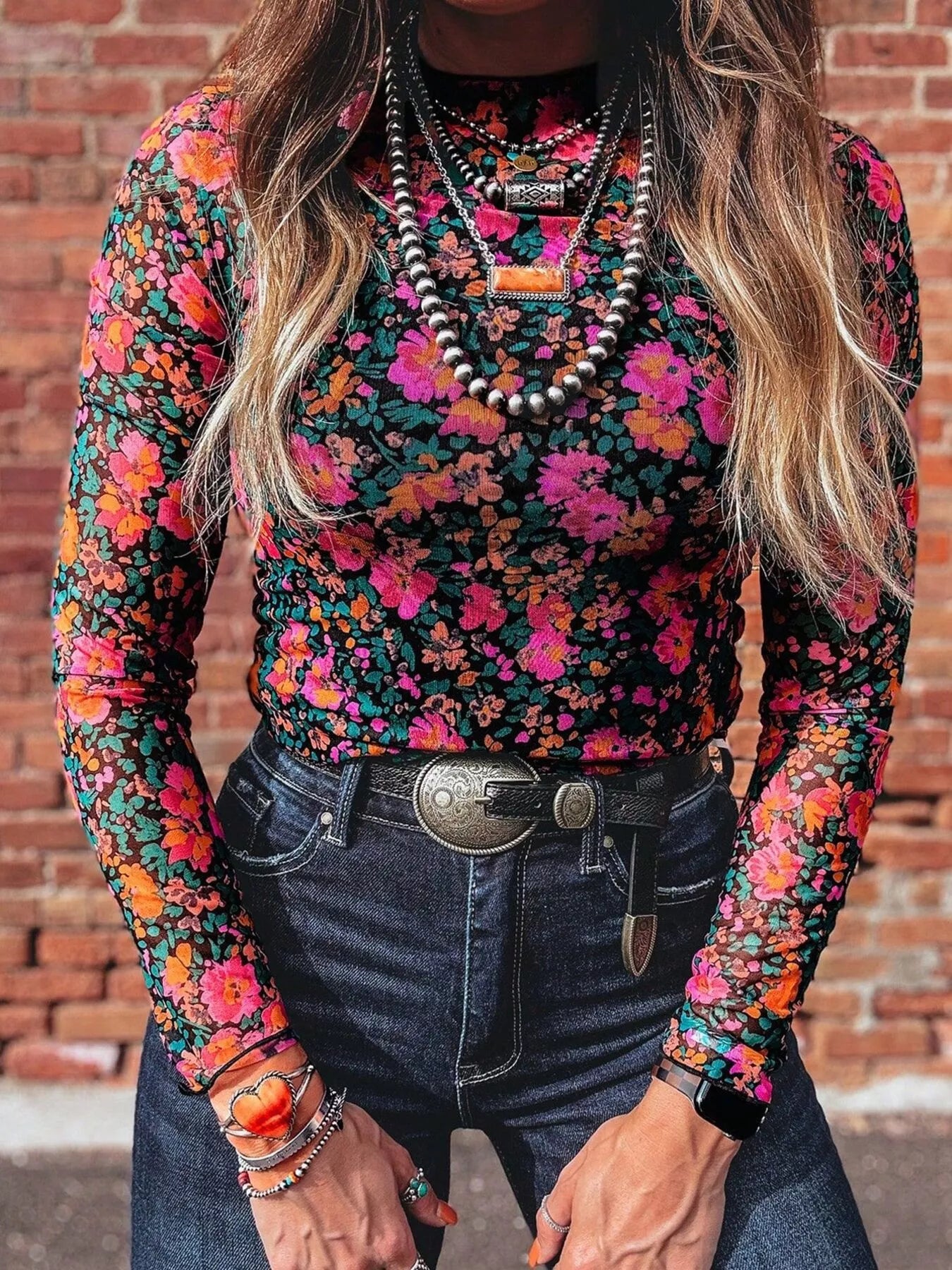 Printed Mesh Long Sleeve Slim Fit Top