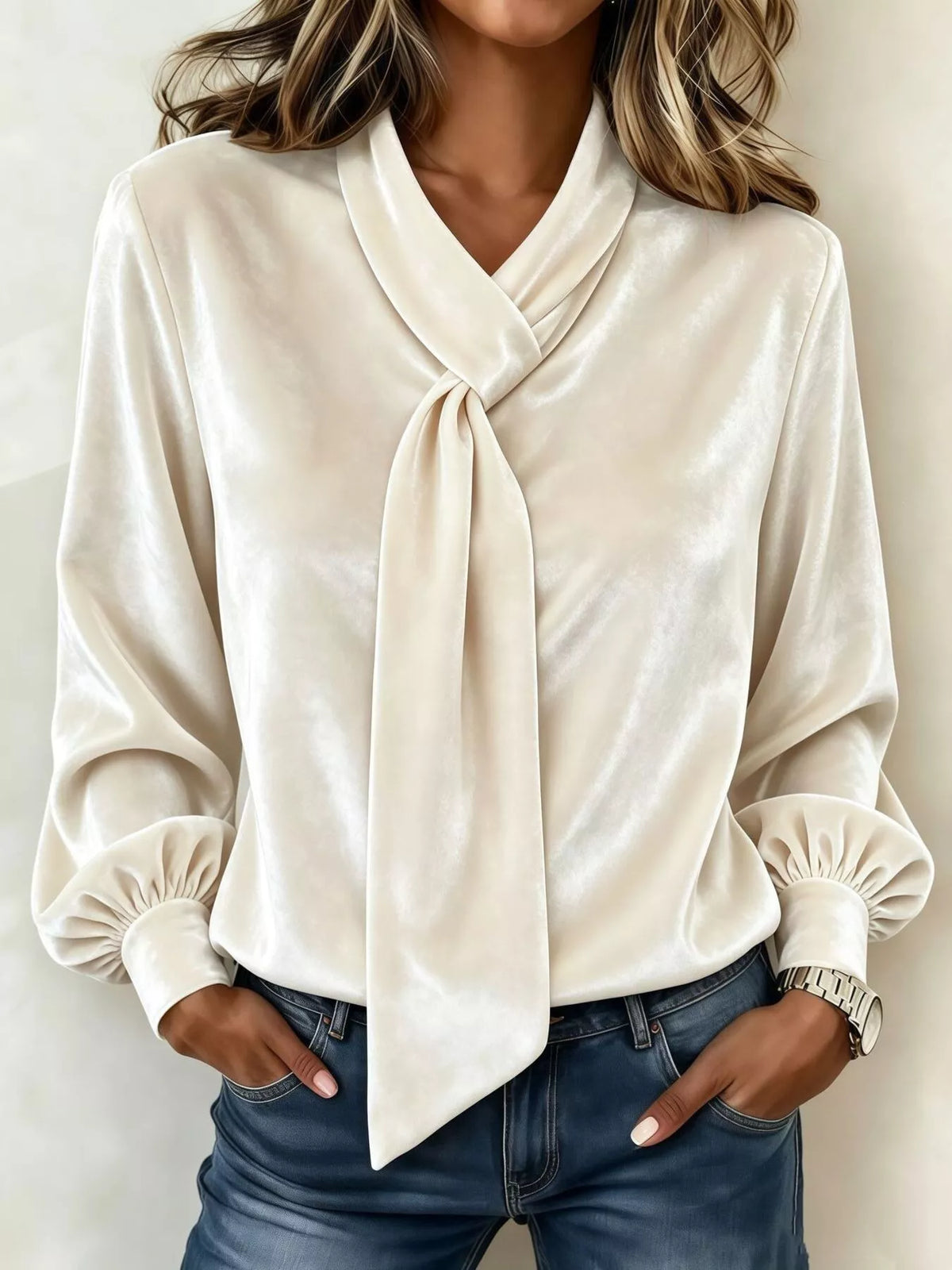 Full Size Velvet Tie-Neck Long Sleeve Blouse Plus Size