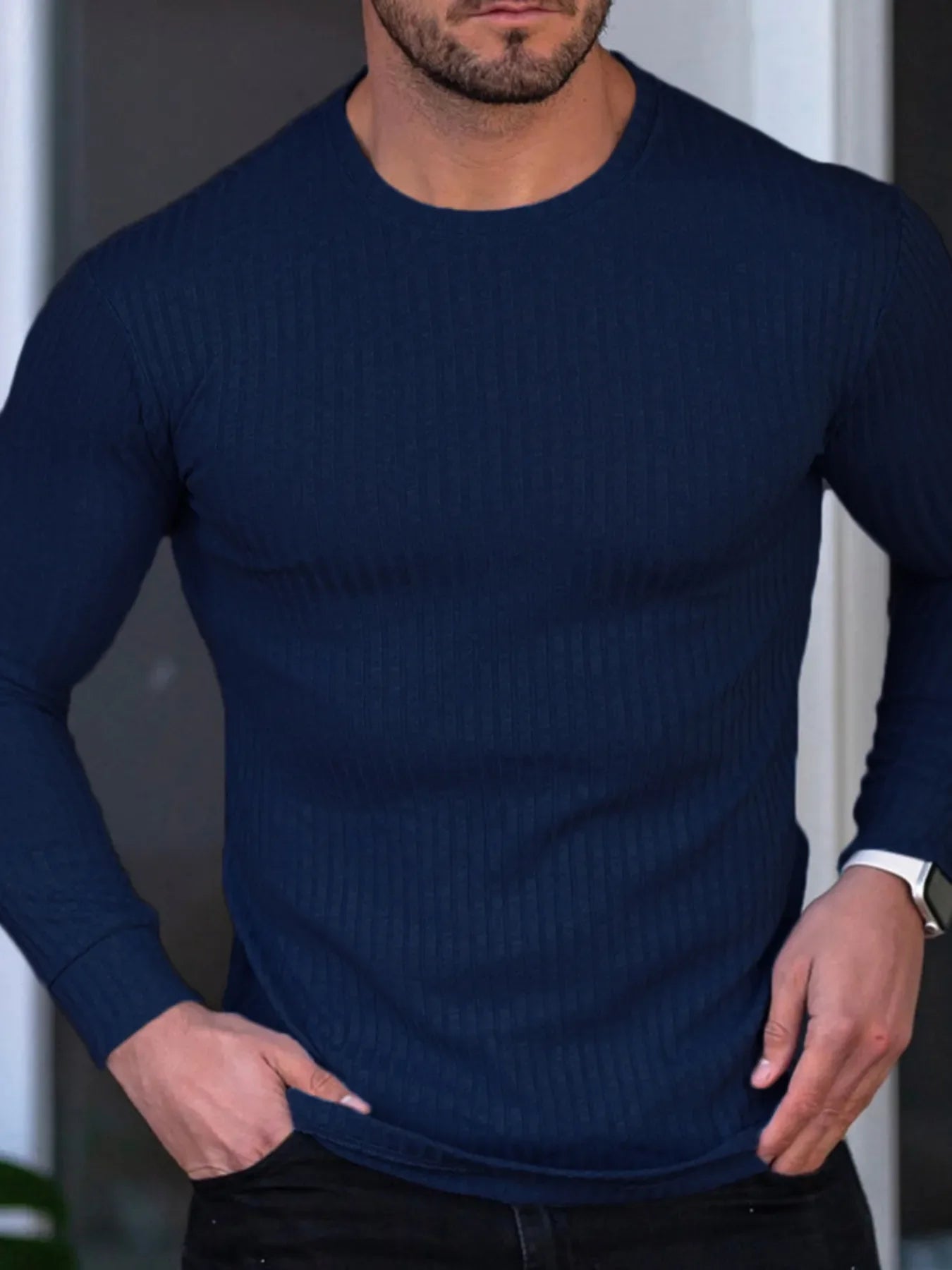 Men's Ribbed Round Neck Long Sleeve T-Shirt