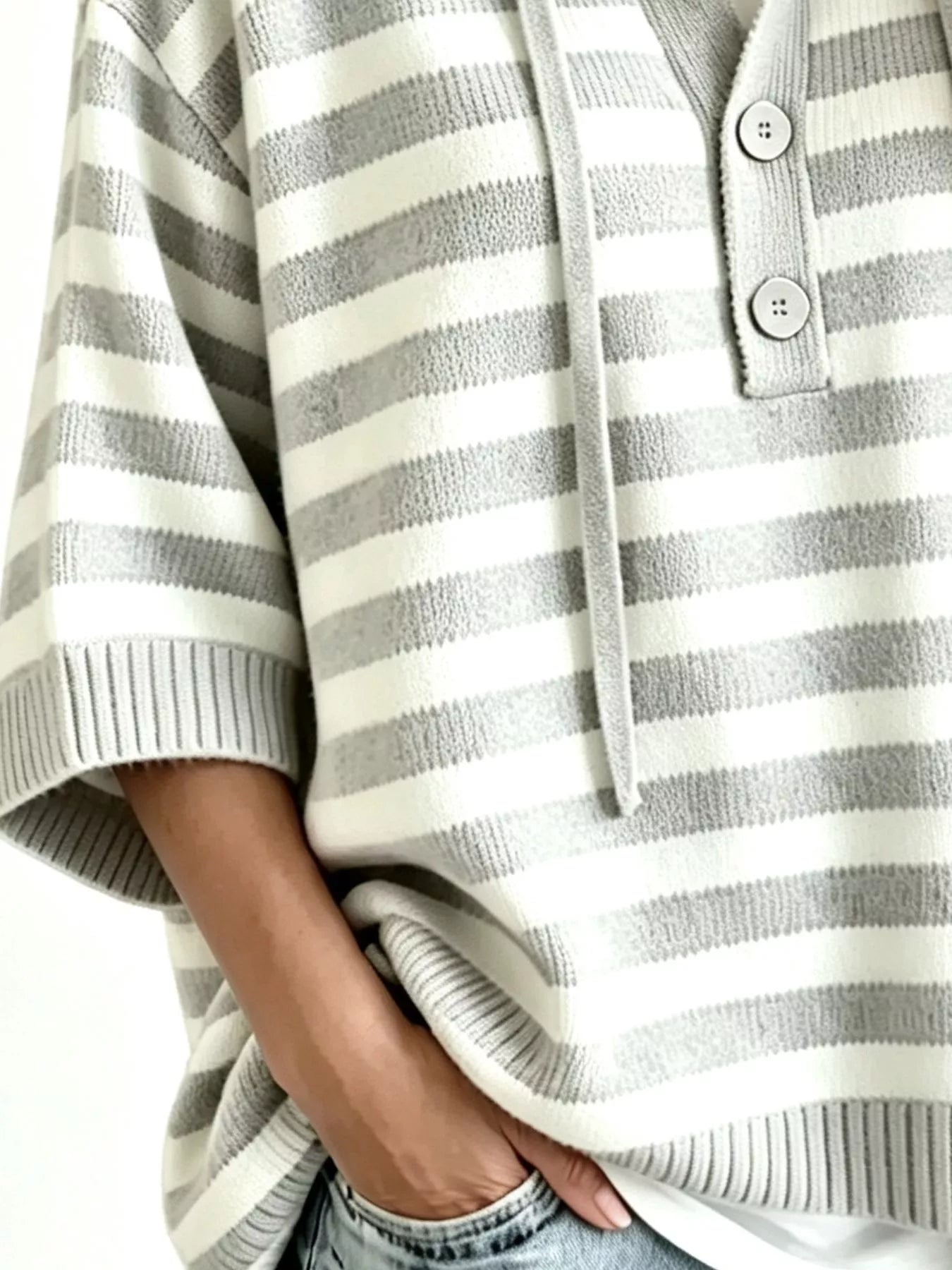 Striped Hooded Sweater with Button Detail