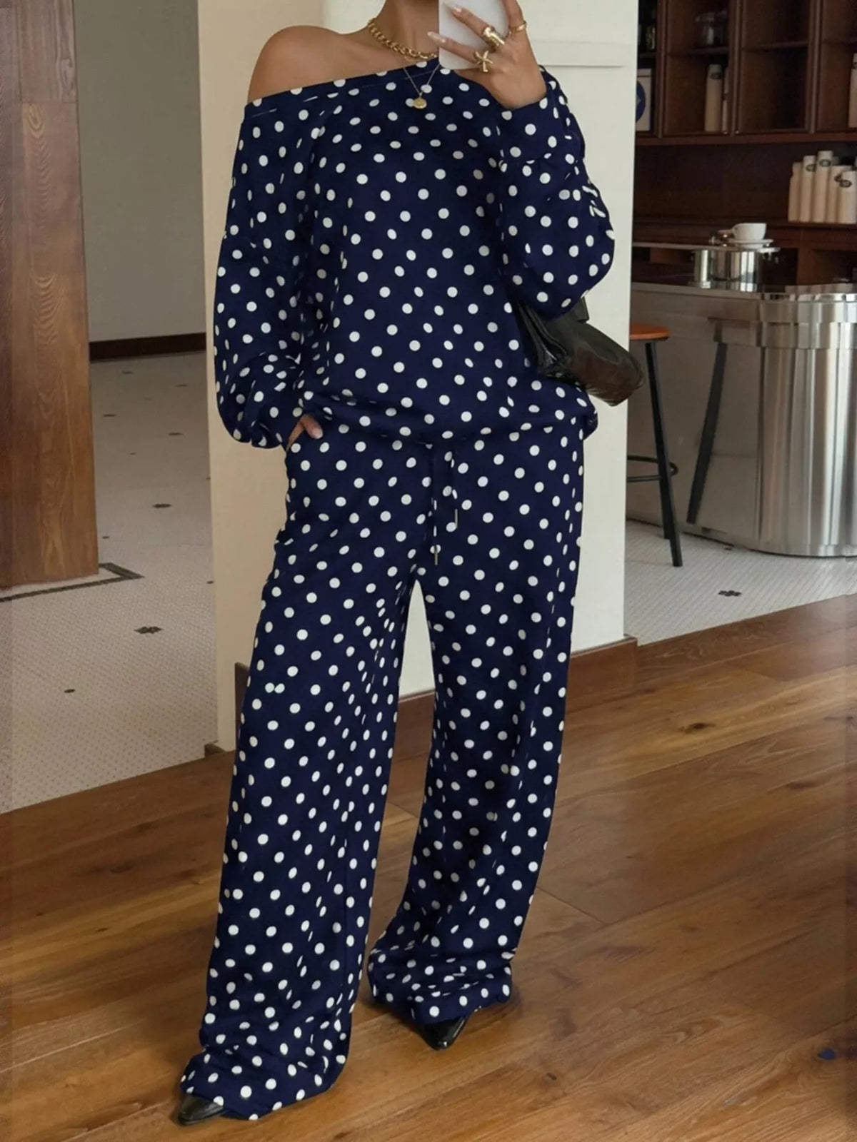 Polka Dot Boat Neck Top and Pants Set