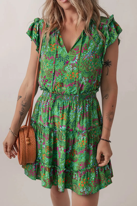 Floral Tie Split Neck Frilly Ruffle Trim Tiered Short Dress