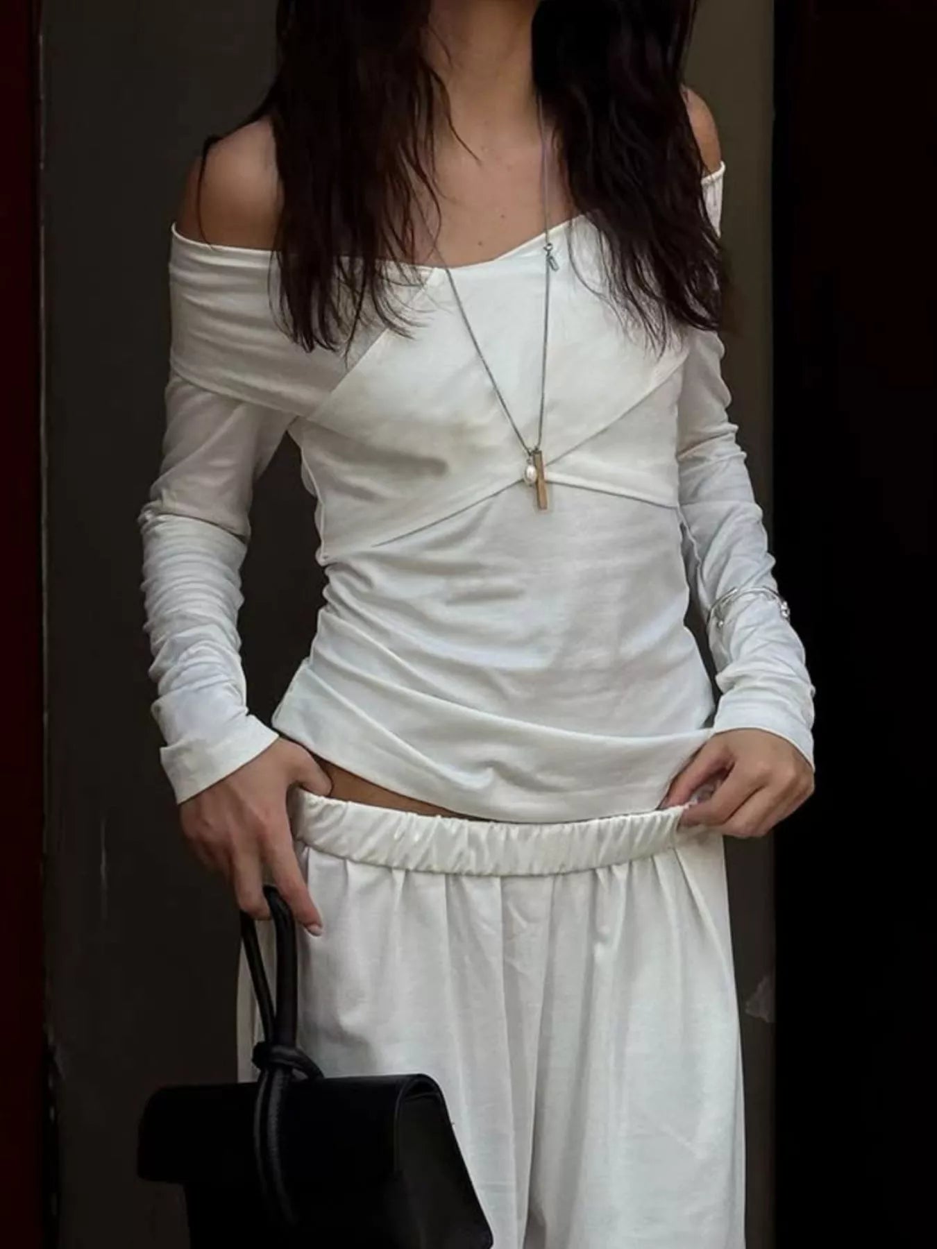Off-Shoulder Long Sleeve Top and Wide-Leg Pants Set