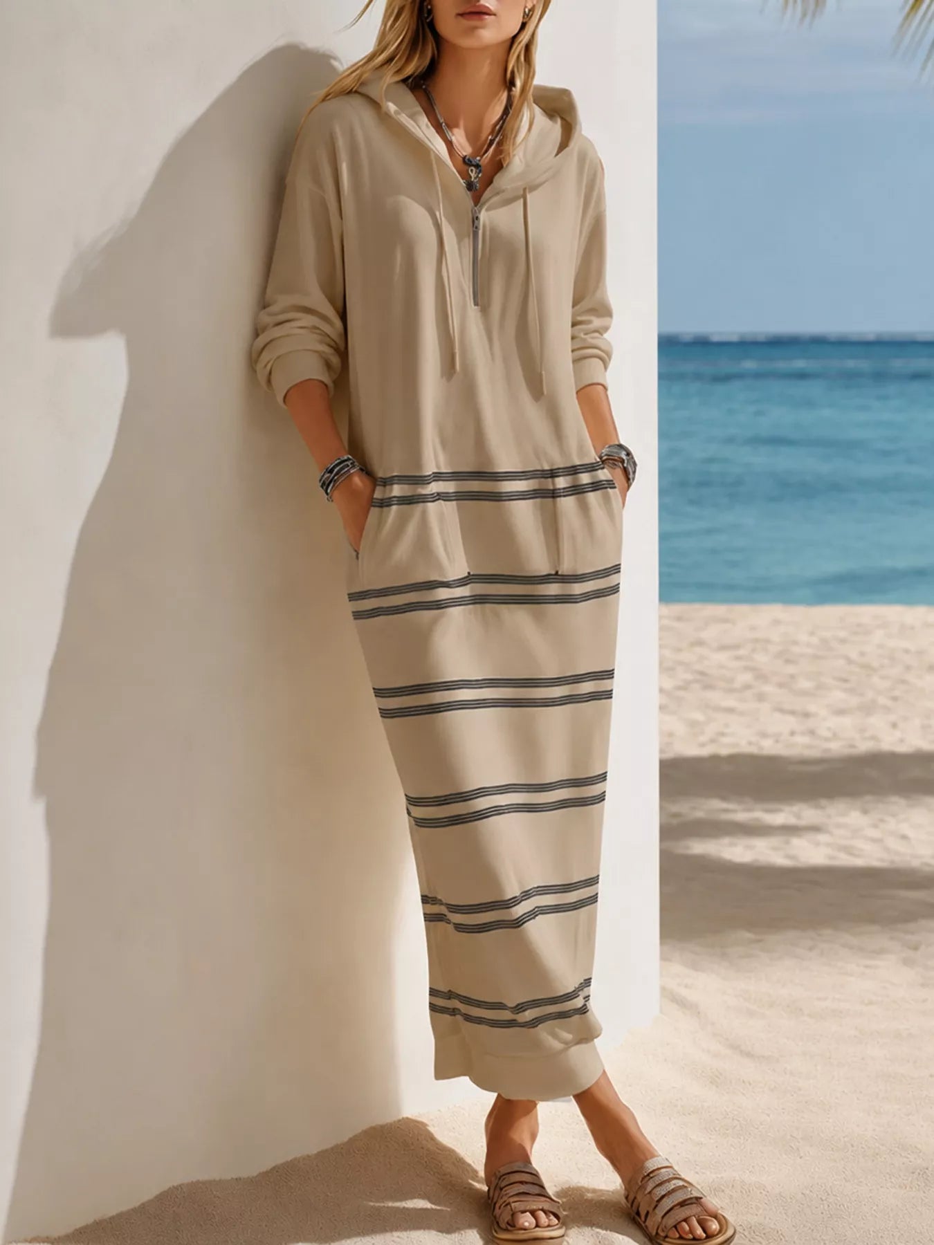Casual Striped Drawstring Hooded Dress