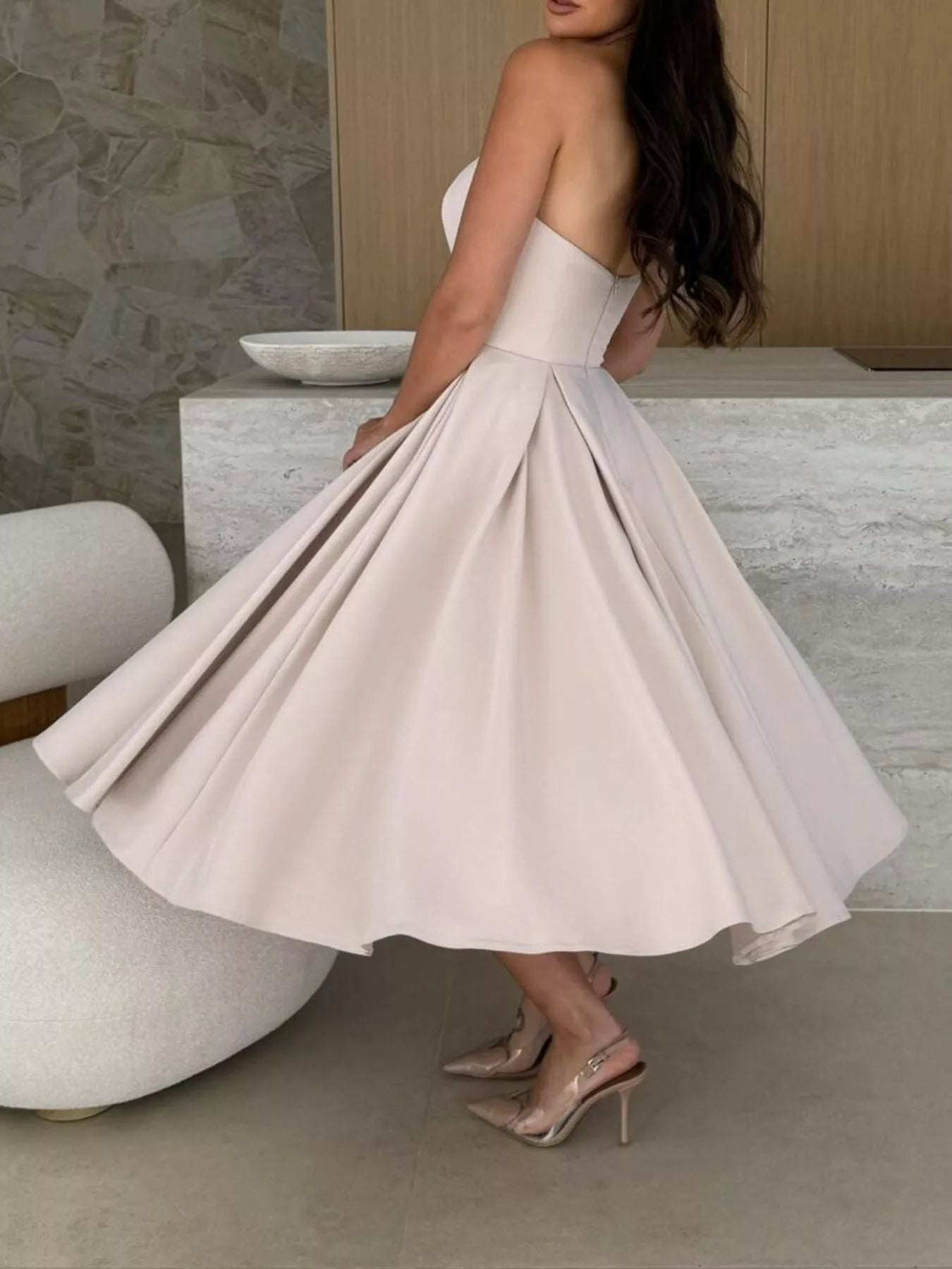 Strapless Ruched A-Line Midi Dress