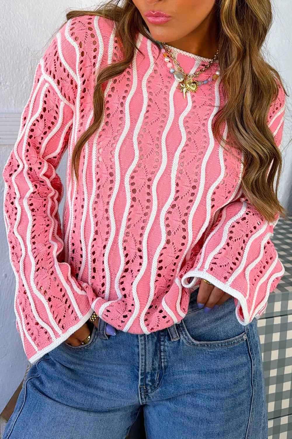 Wavy Detail Hollow Out Knit Long Sleeve Sweater
