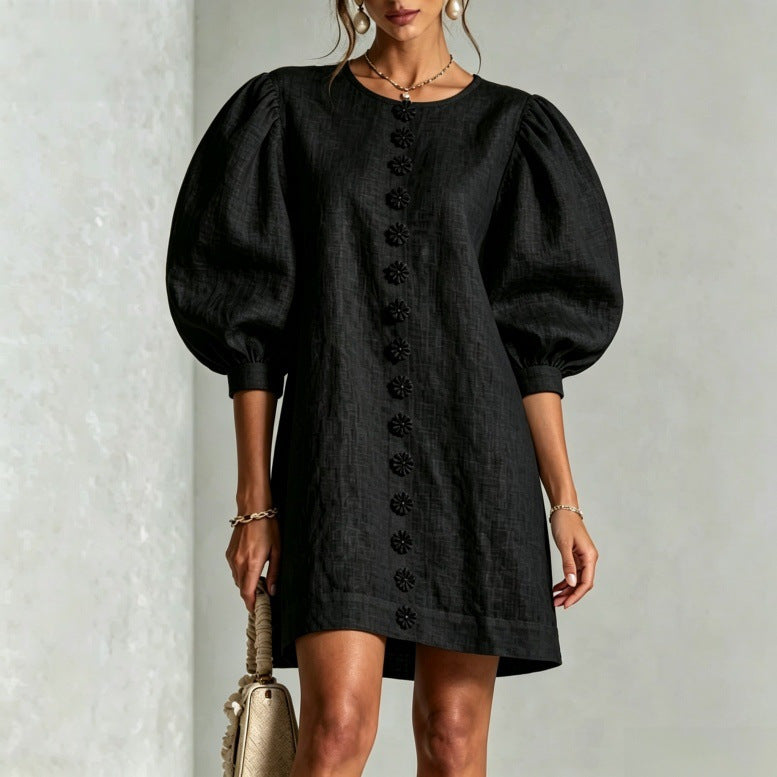 Puff Sleeve Mini Dress | Button-Front A-Line | Lantern Sleeve Resort Dress