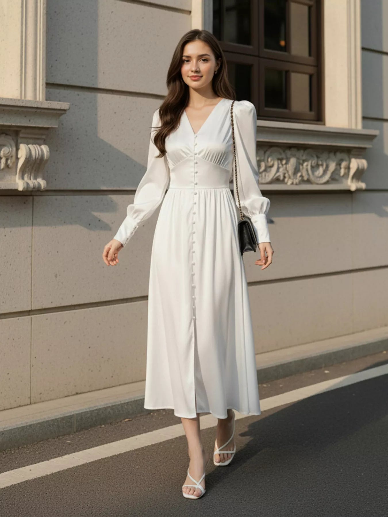 V-Neck Lantern Sleeve Midi Dress