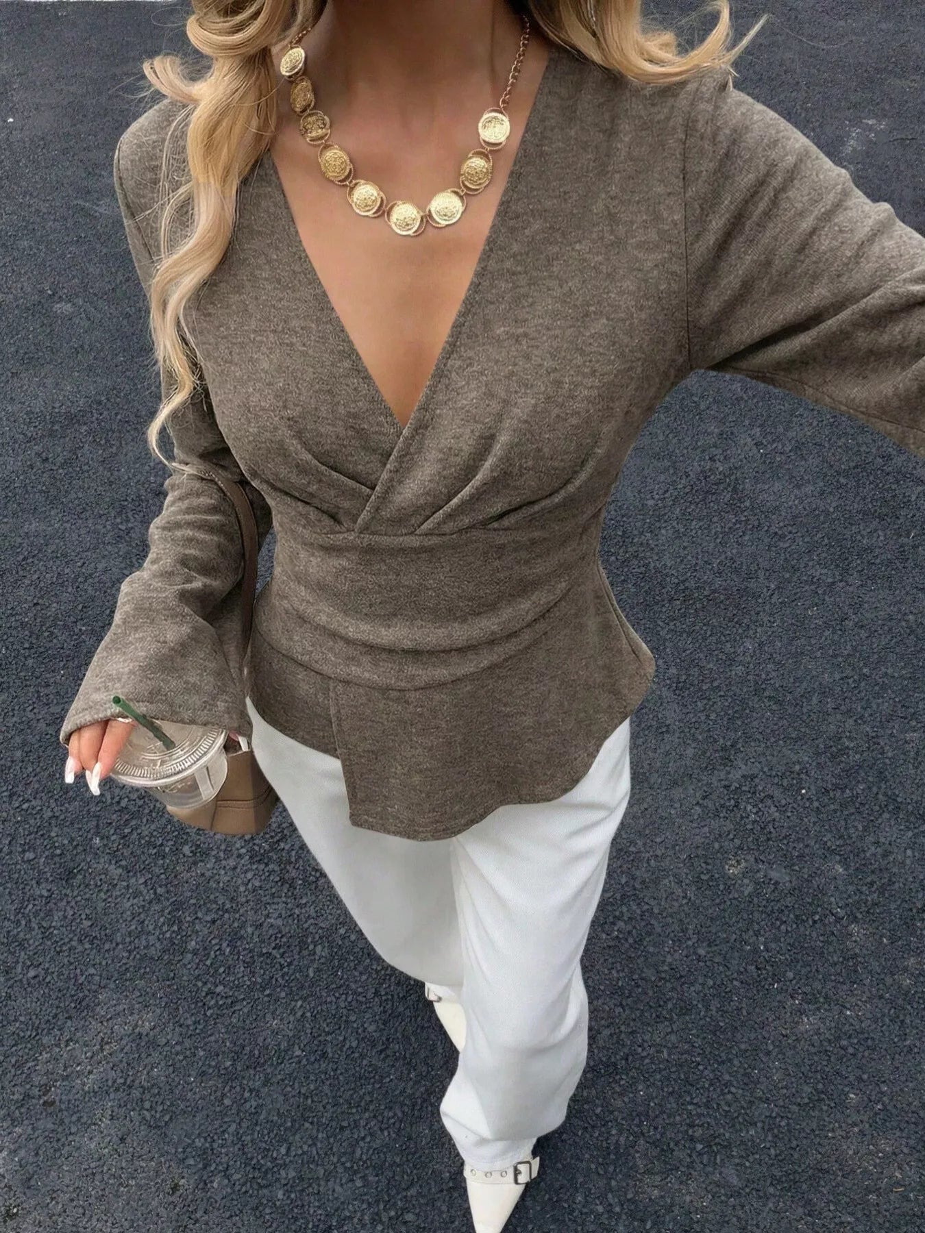 Elegant V-Neck Wrap Asymmetrical Blouse with Flared Sleeves