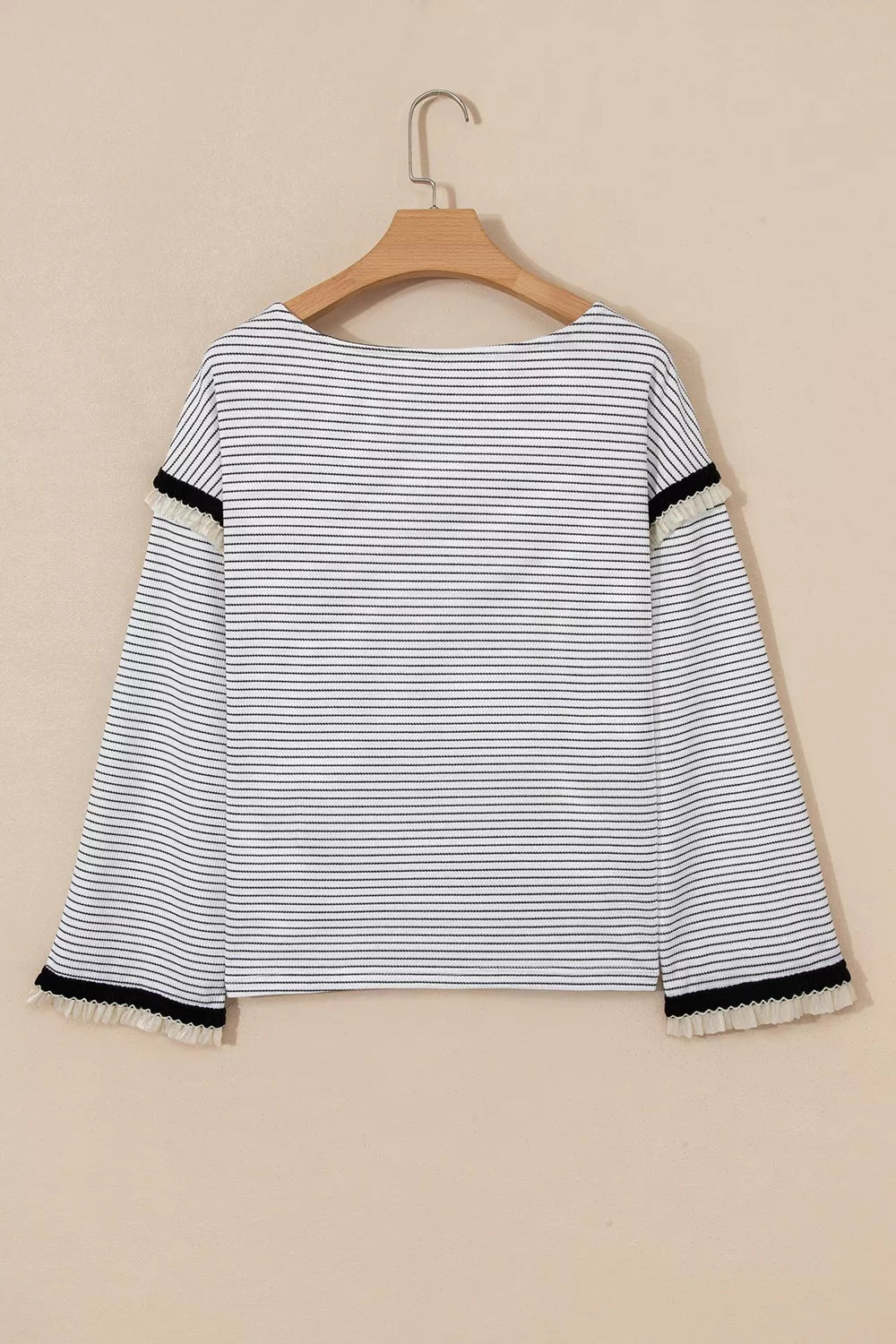 Stripe Contrasted Ruffle Trim Loose Long Sleeve Top