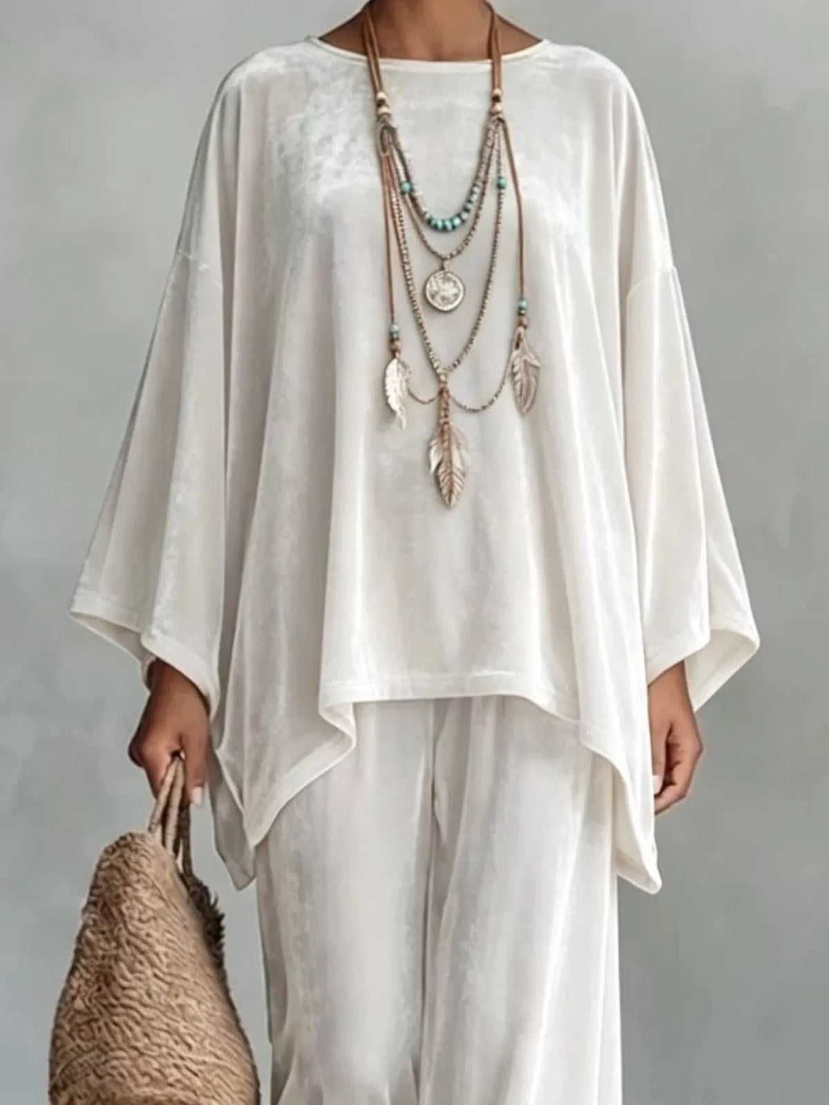 Full Size Asymmetrical Top and Wide Leg Pants Set Plus Size