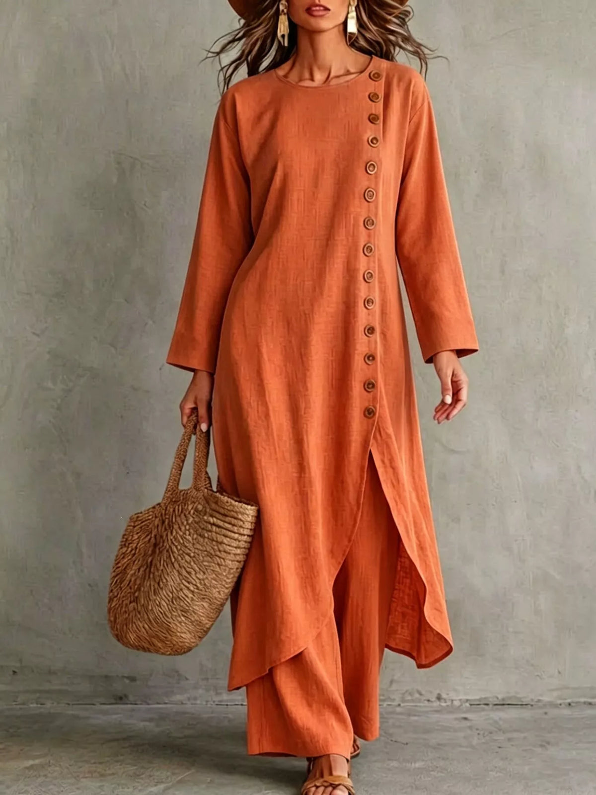 Full Size Side-Buttoned Longline Top and Pants Set Plus Size