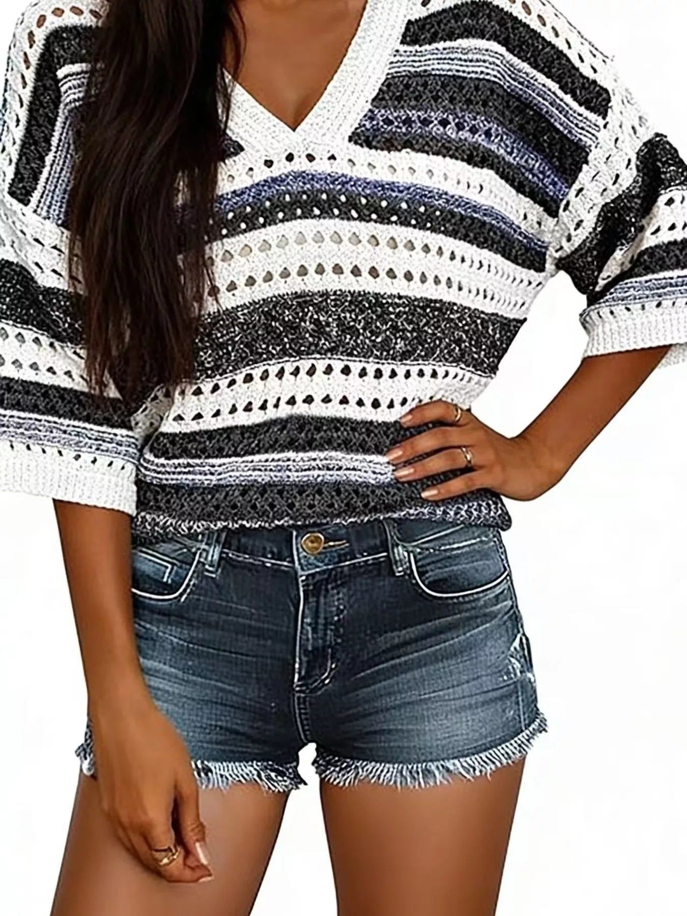Chic Striped Crochet Knit Top