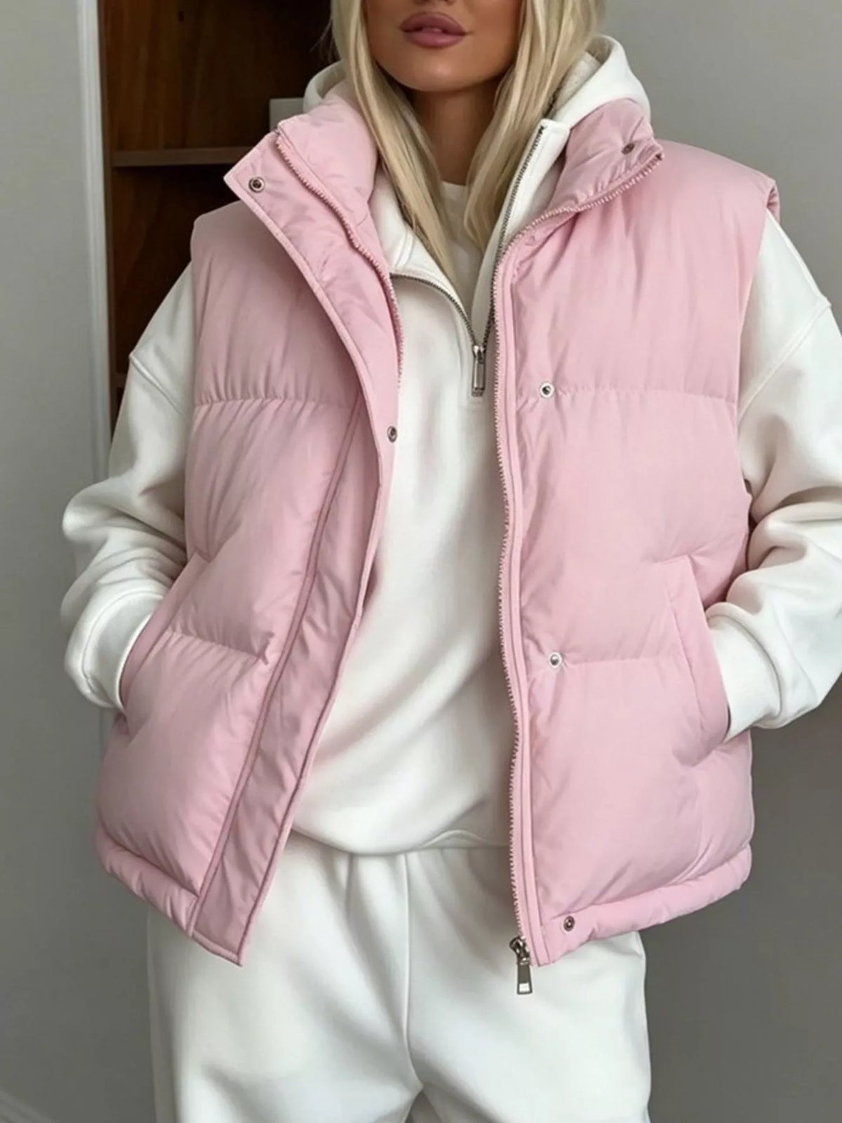 Snap-Button Placket Quilted Puffer Vest Coat