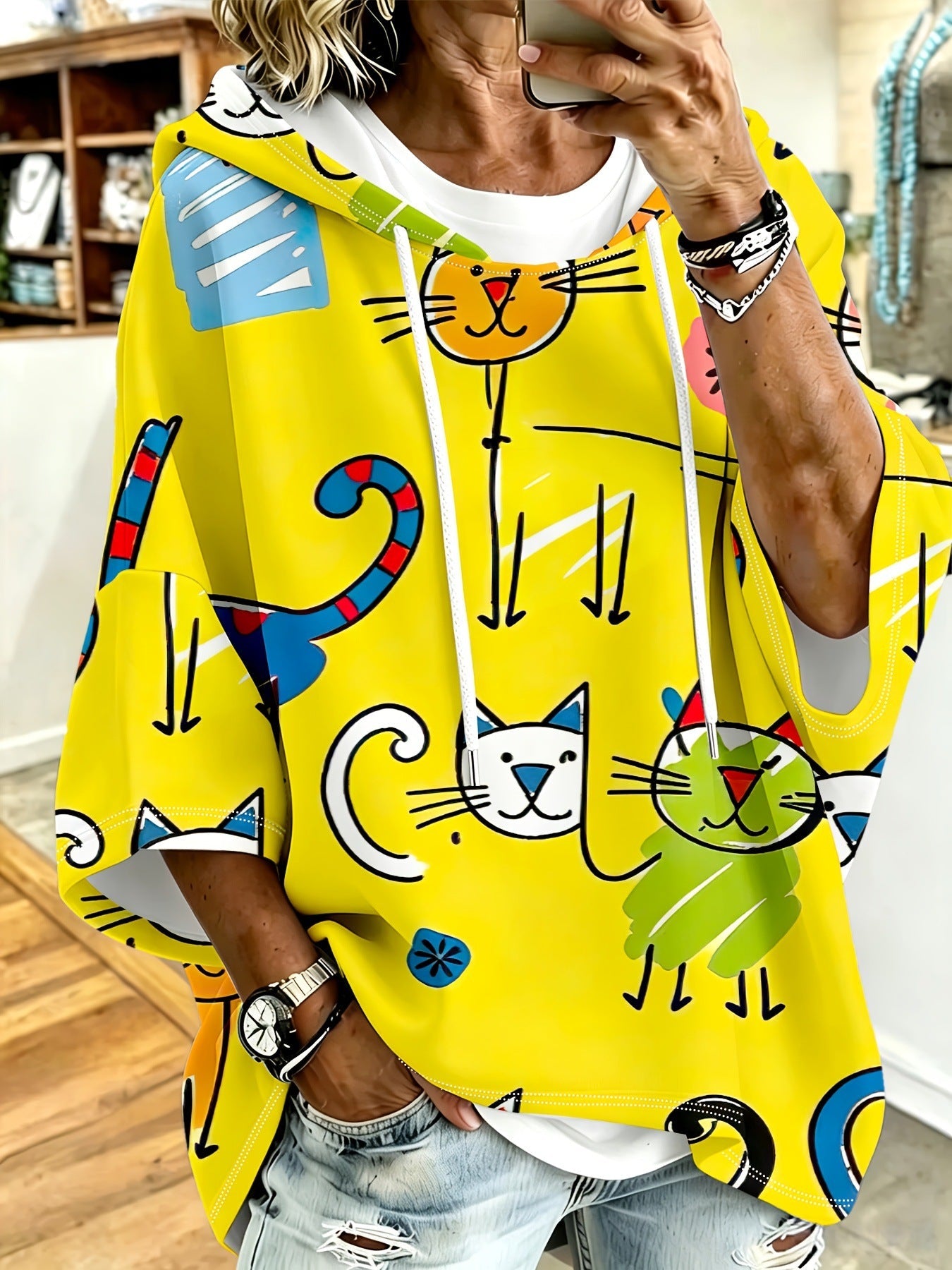 Cartoon Cat Print Hoodie with 3/4 Sleeves & Drawstring