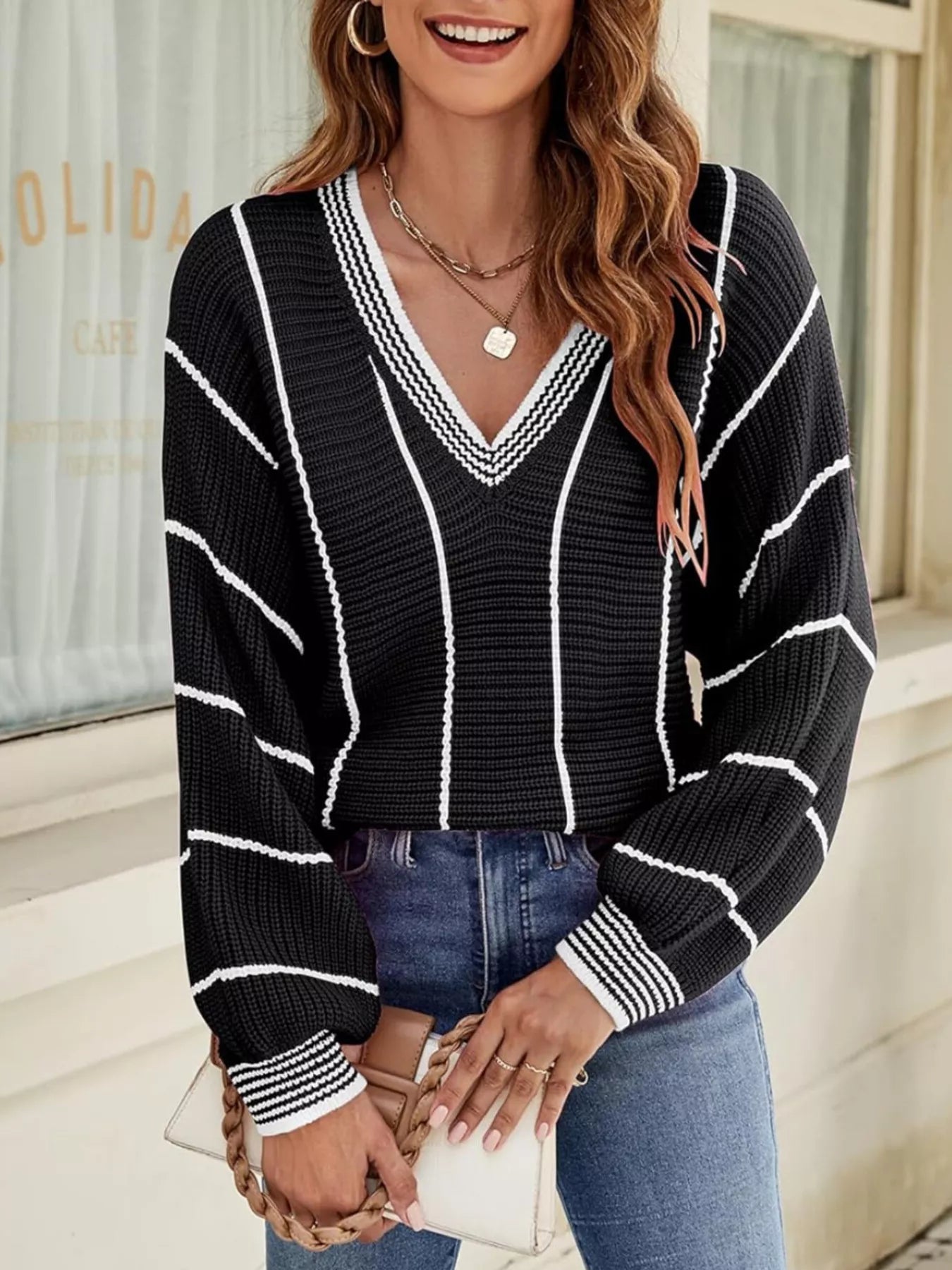 V-Neck Striped Contrast Sweater