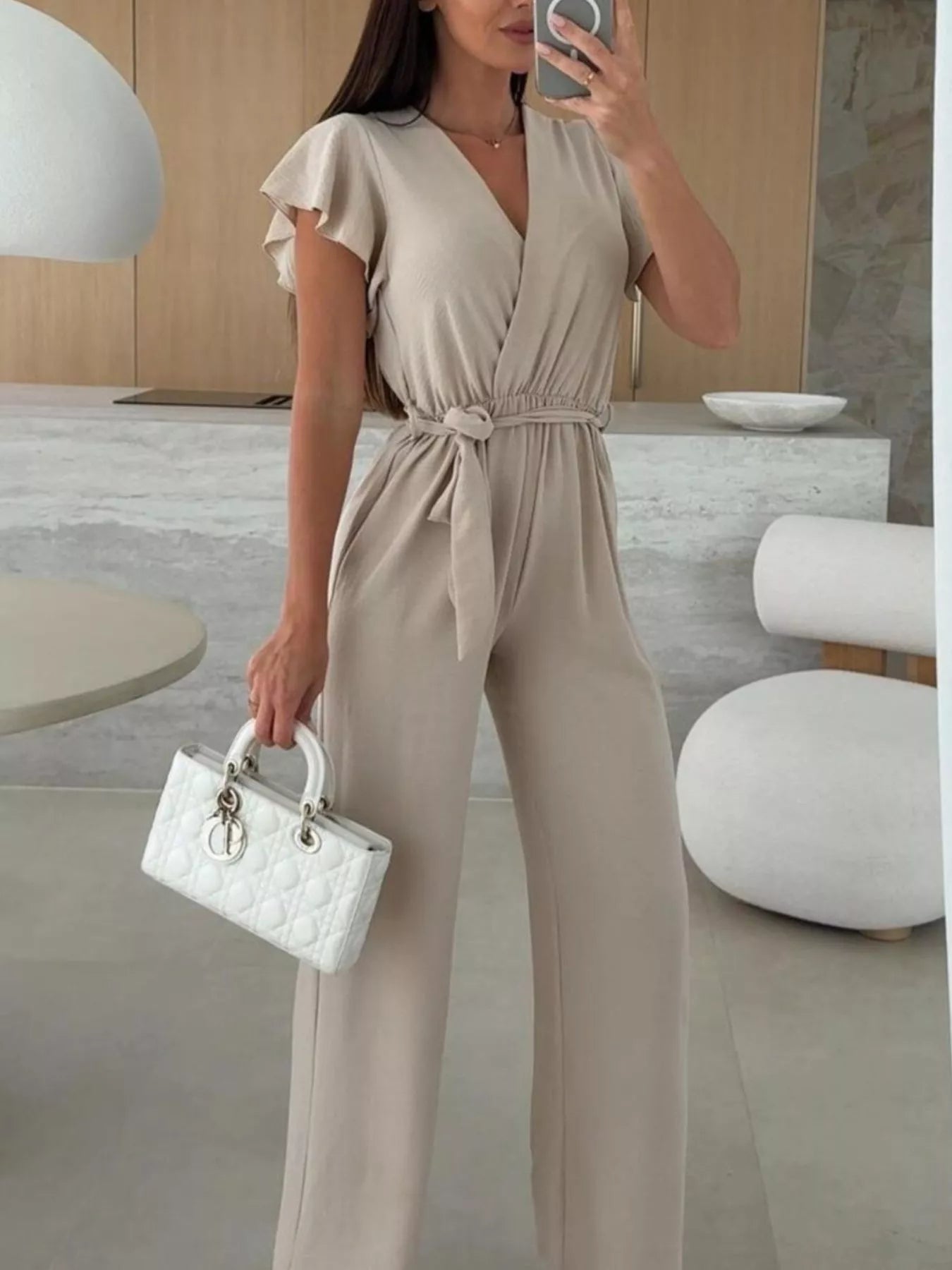 Surplice Ruffle Sleeve Wide Leg Jumpsuit
