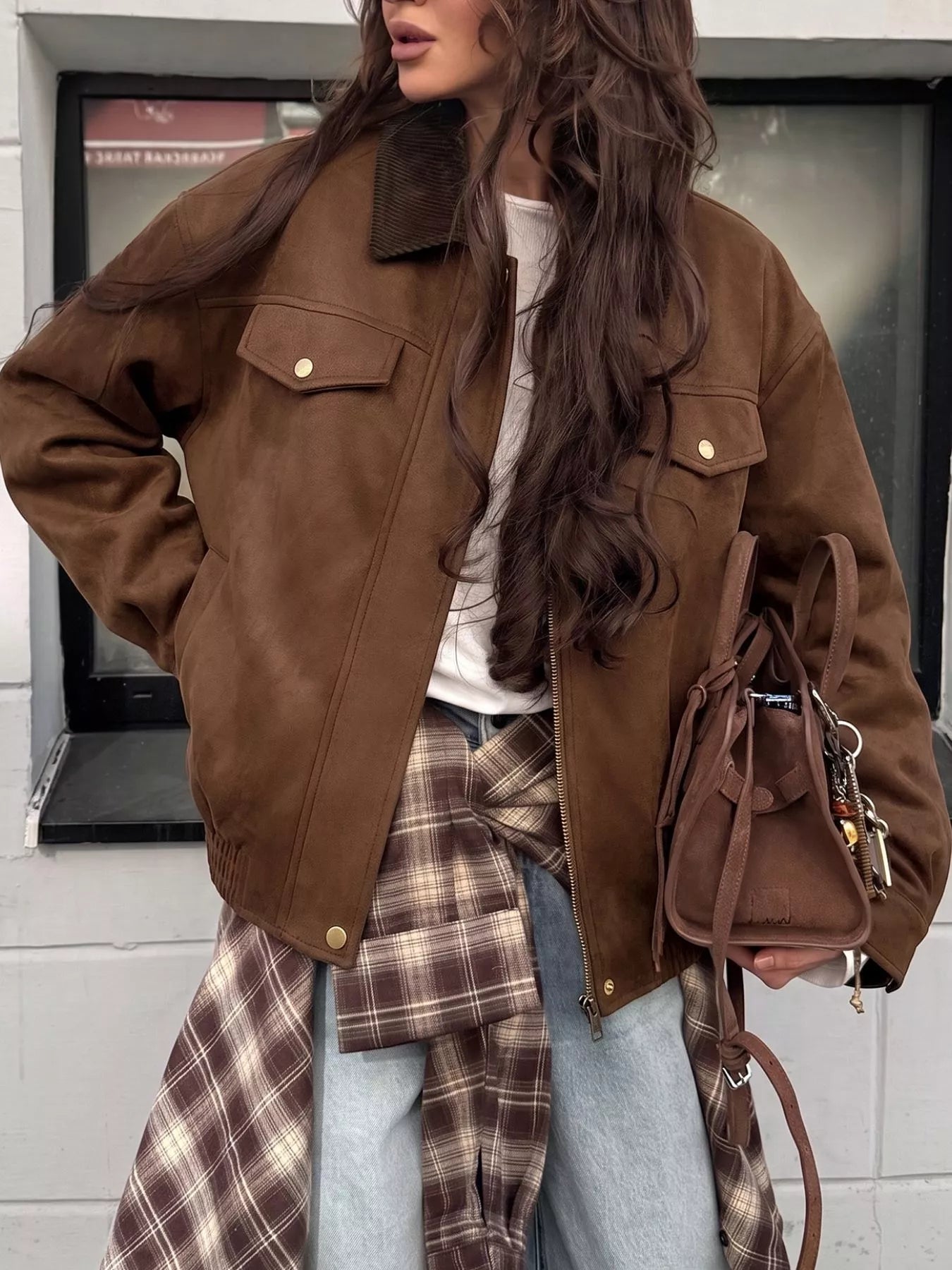 Corduroy Collar Zip-Up Jacket