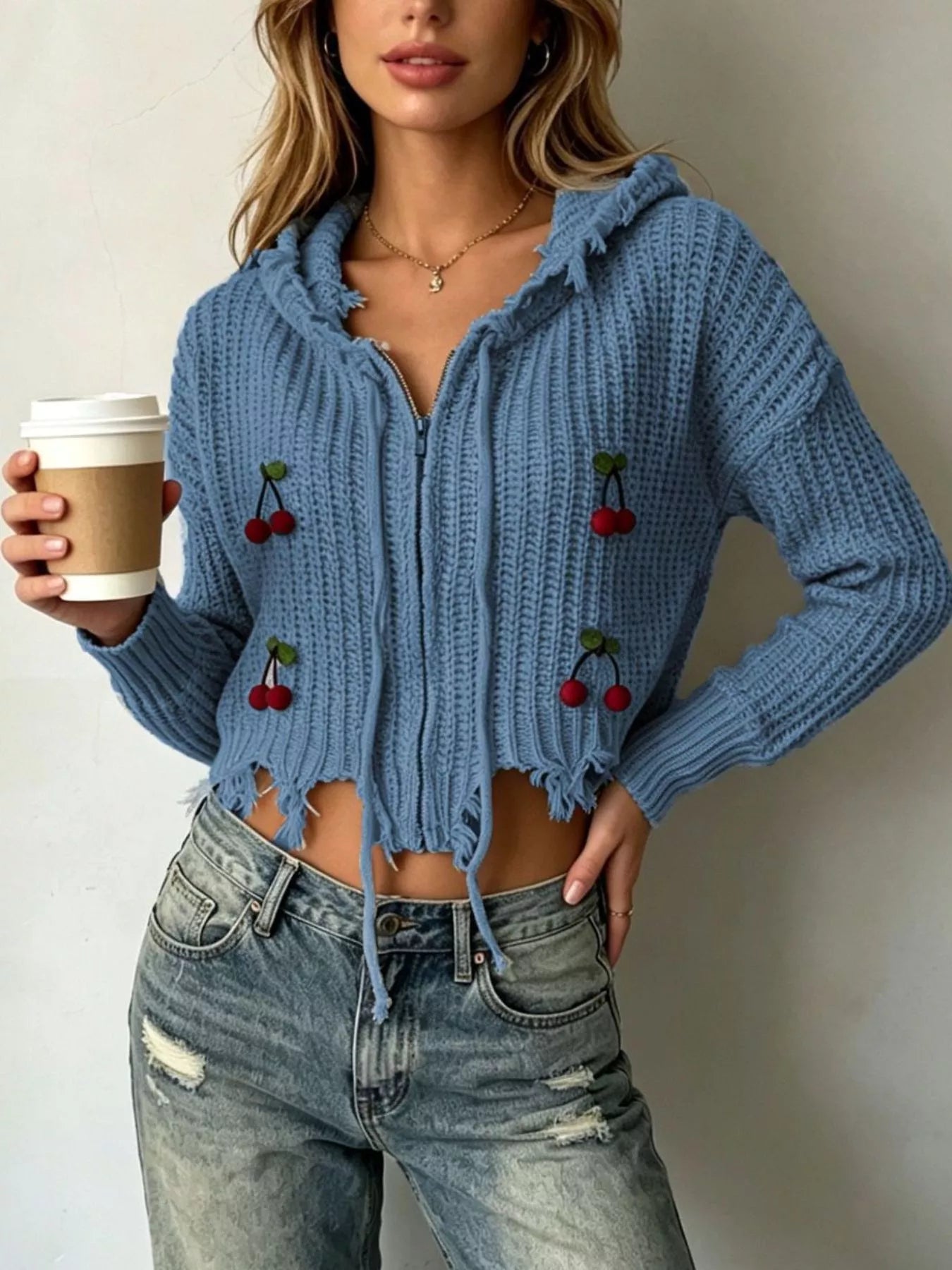Cherry Knit Zip-Up Hooded Sweater