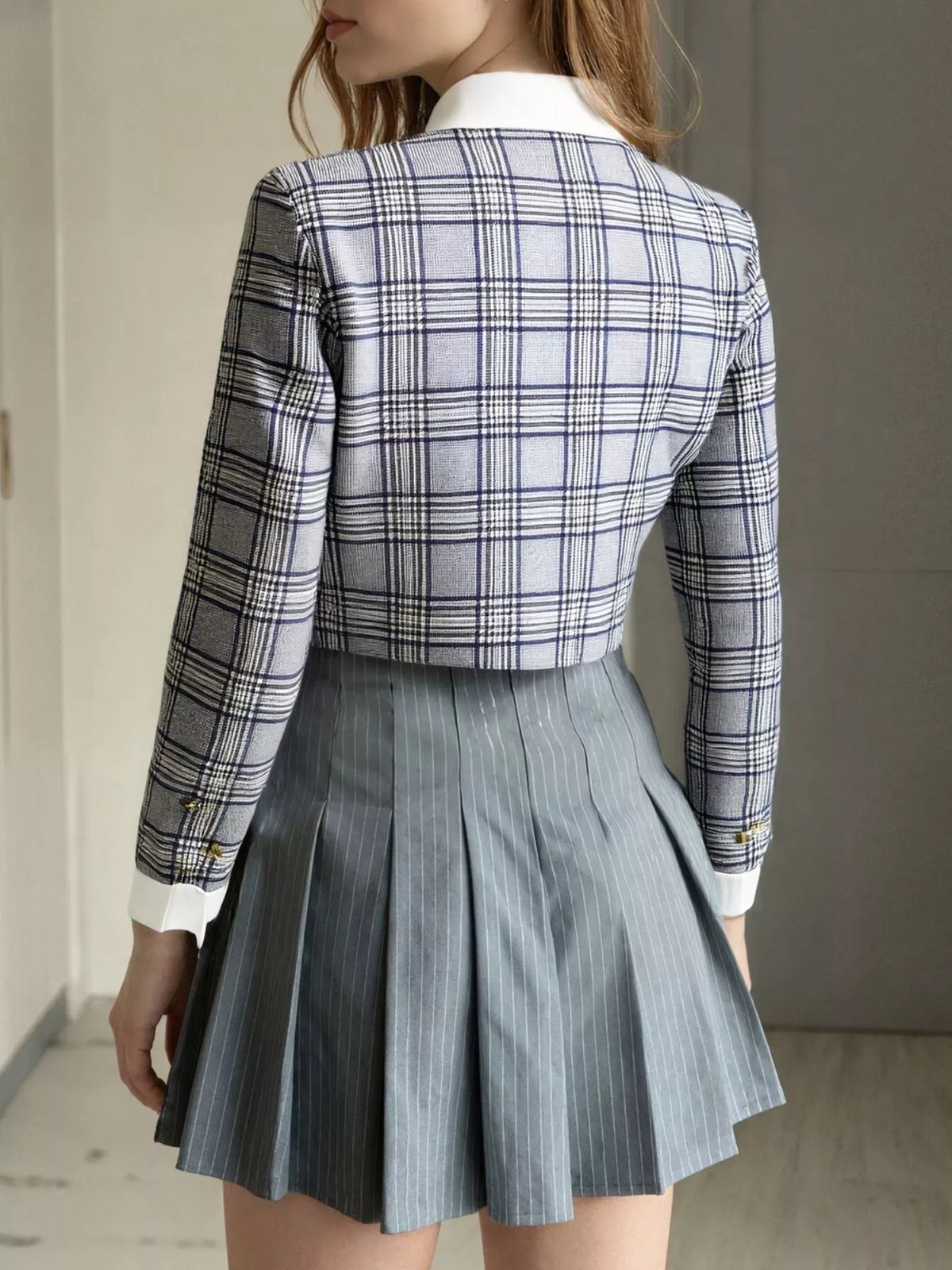 Plaid Cropped Outerwear with Contrast Collar and Gold Buttons