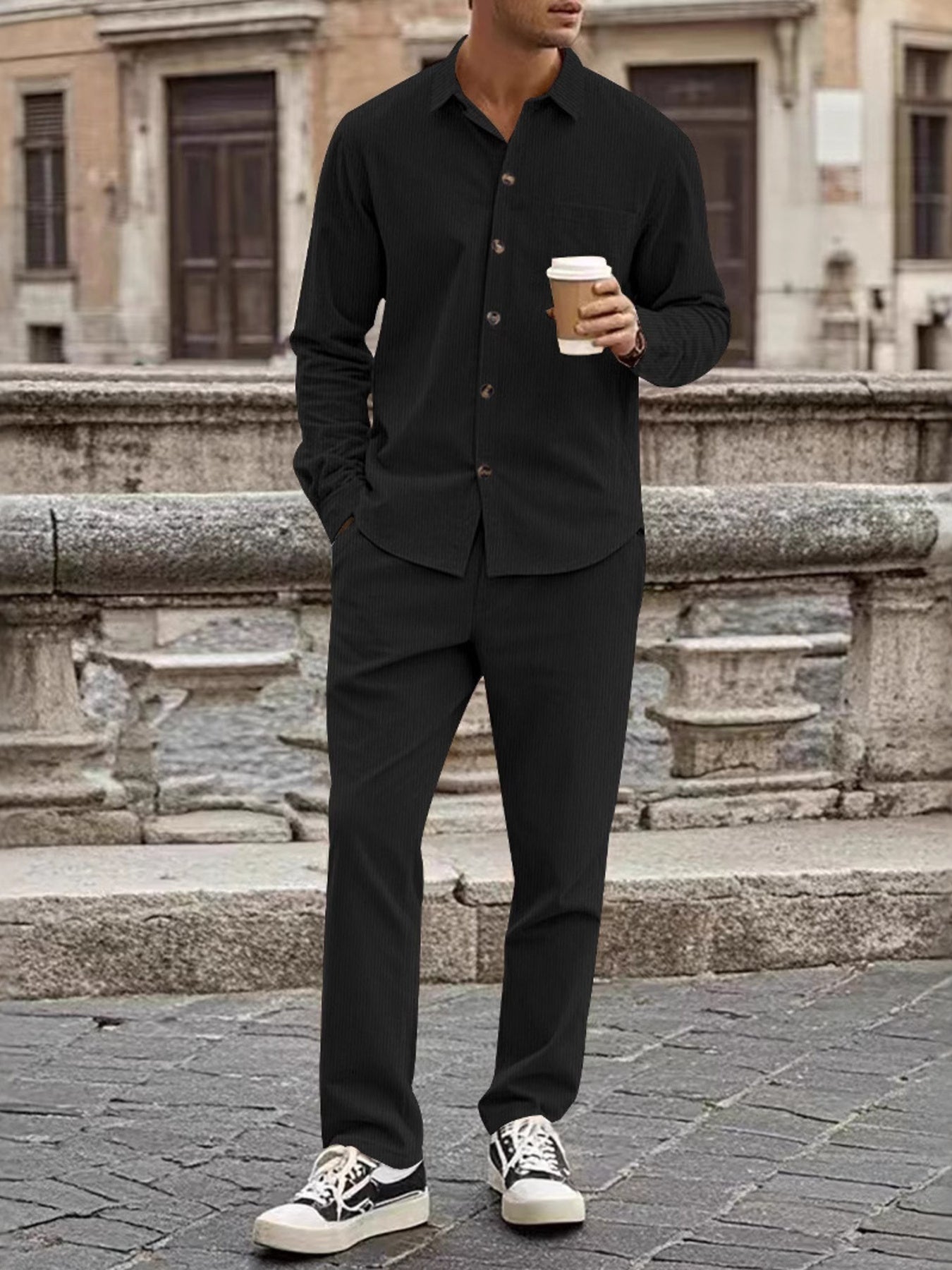 Men's Full Size Button Up Long Sleeve Shirt and Pants Set Plus Size