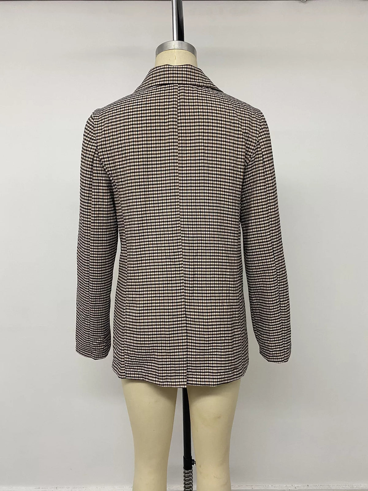 Plaid Lapel Collar Double-Breasted Blazer