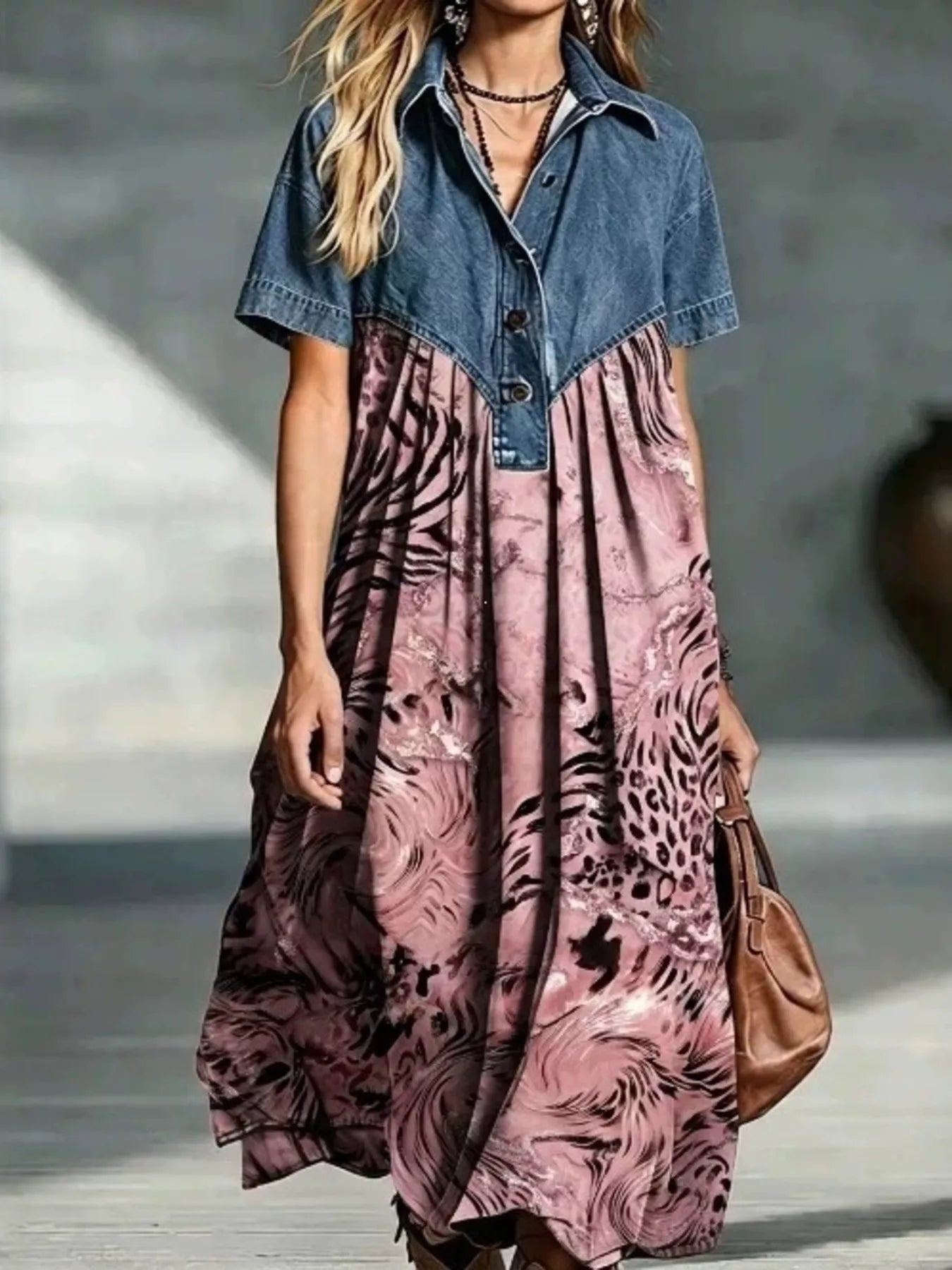Full Size Denim Patchwork Printed Shirt Dress Plus Size