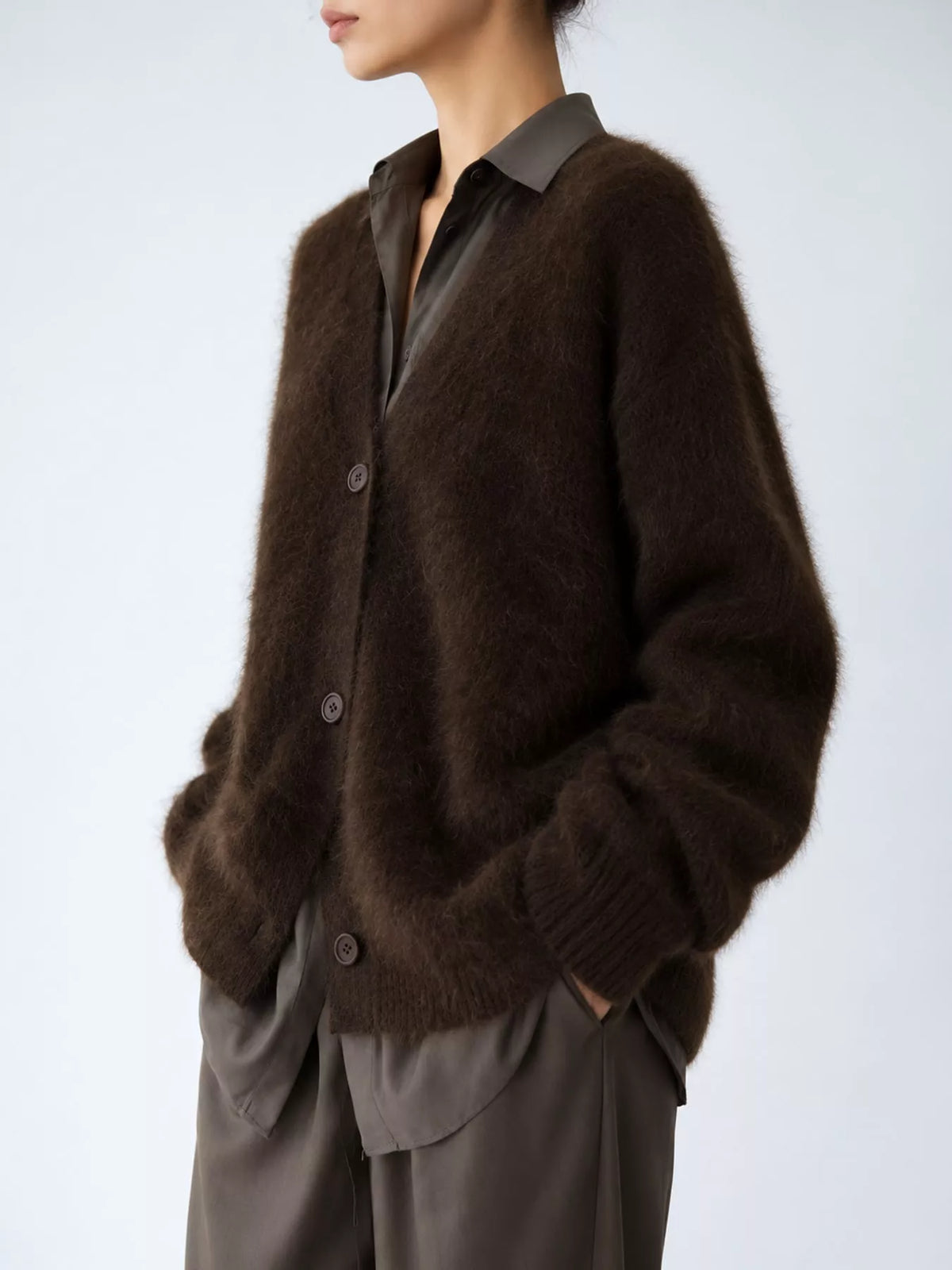 Fuzzy V-Neck Button-Down Cardigan